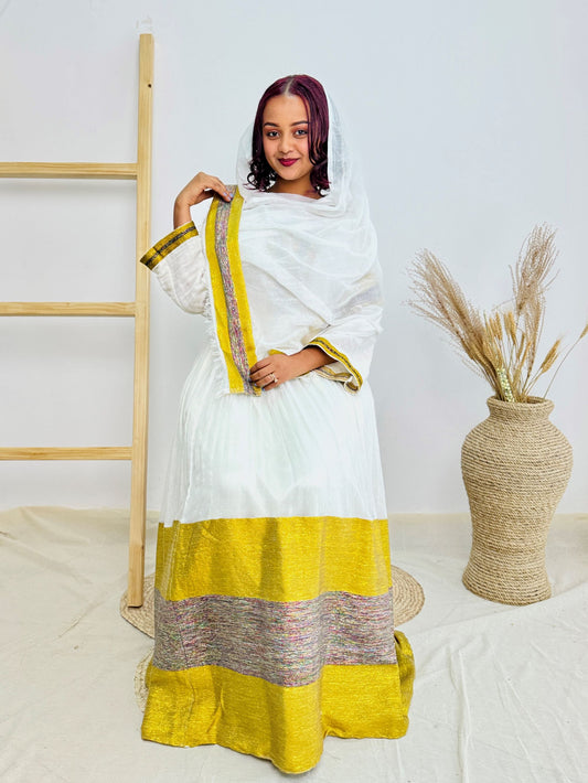 Simple Gold Accent V-Neck Habesha Dress | Minimalist Ethiopian Kemis Hab227