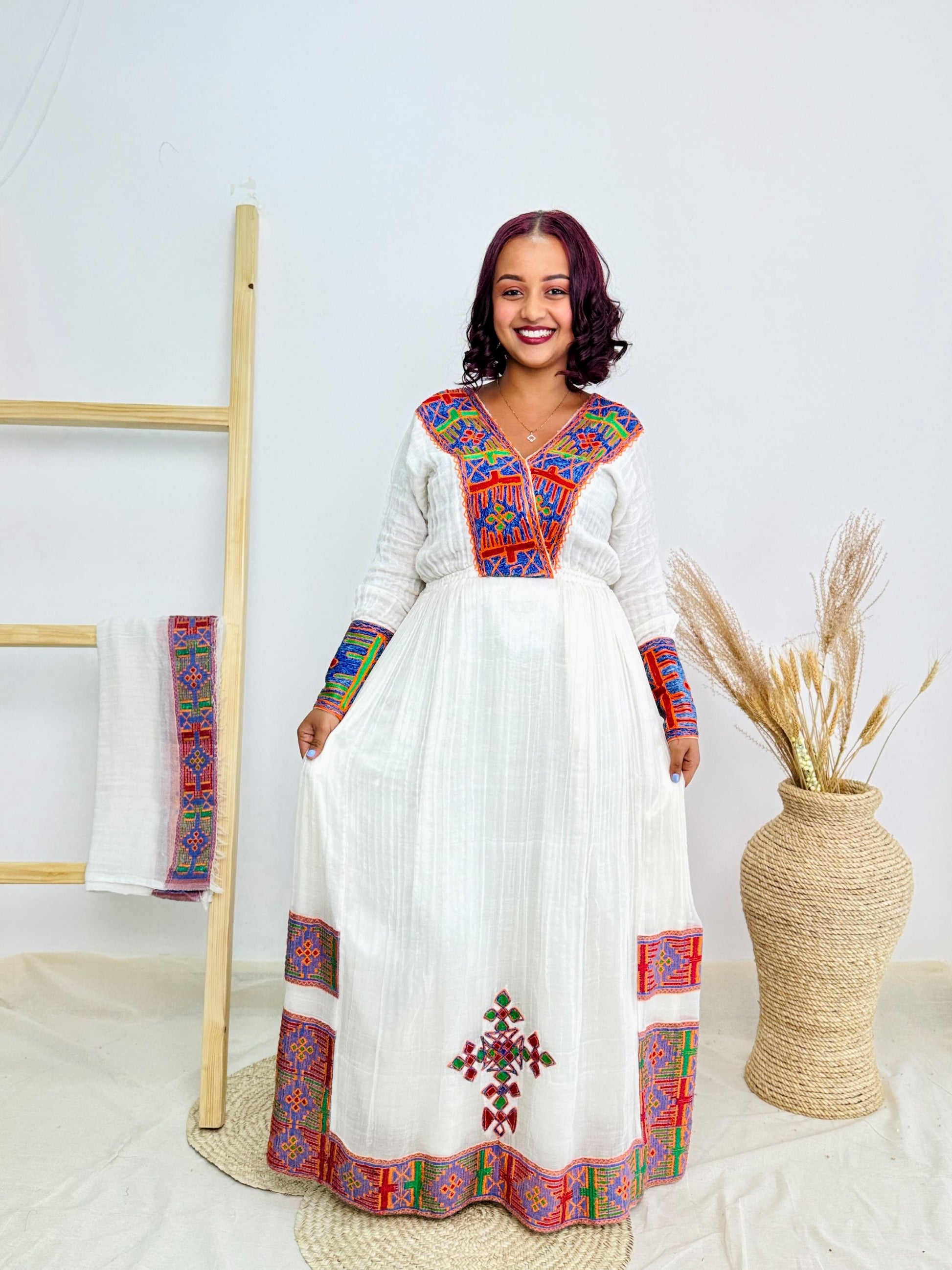 Ethiopian Handwoven White Dress | Vibrant Multicolor Tibeb & Cultural Cross Detail | Bold Habesha Kemis Hab207