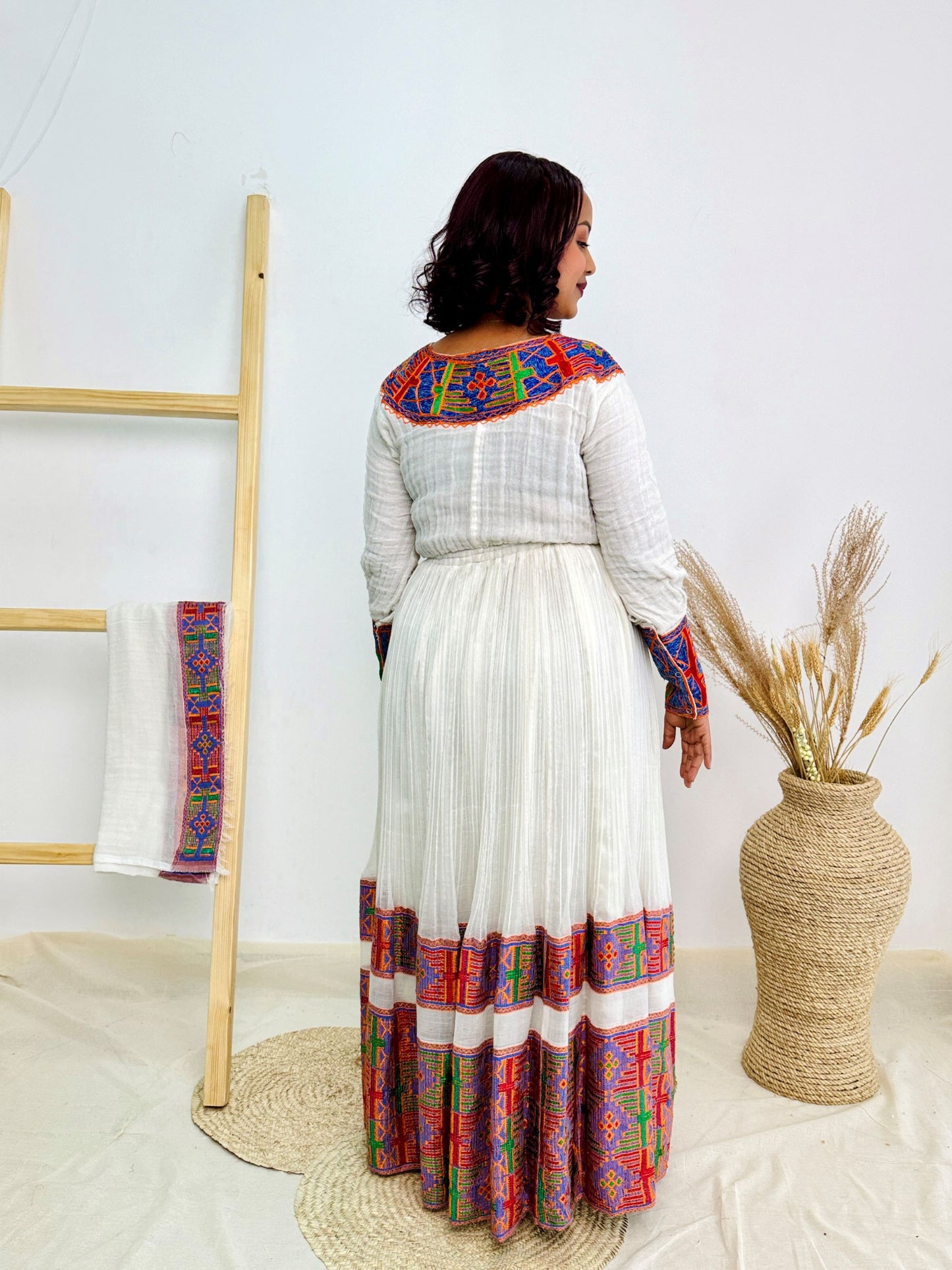 Ethiopian Handwoven White Dress | Vibrant Multicolor Tibeb & Cultural Cross Detail | Bold Habesha Kemis Hab207