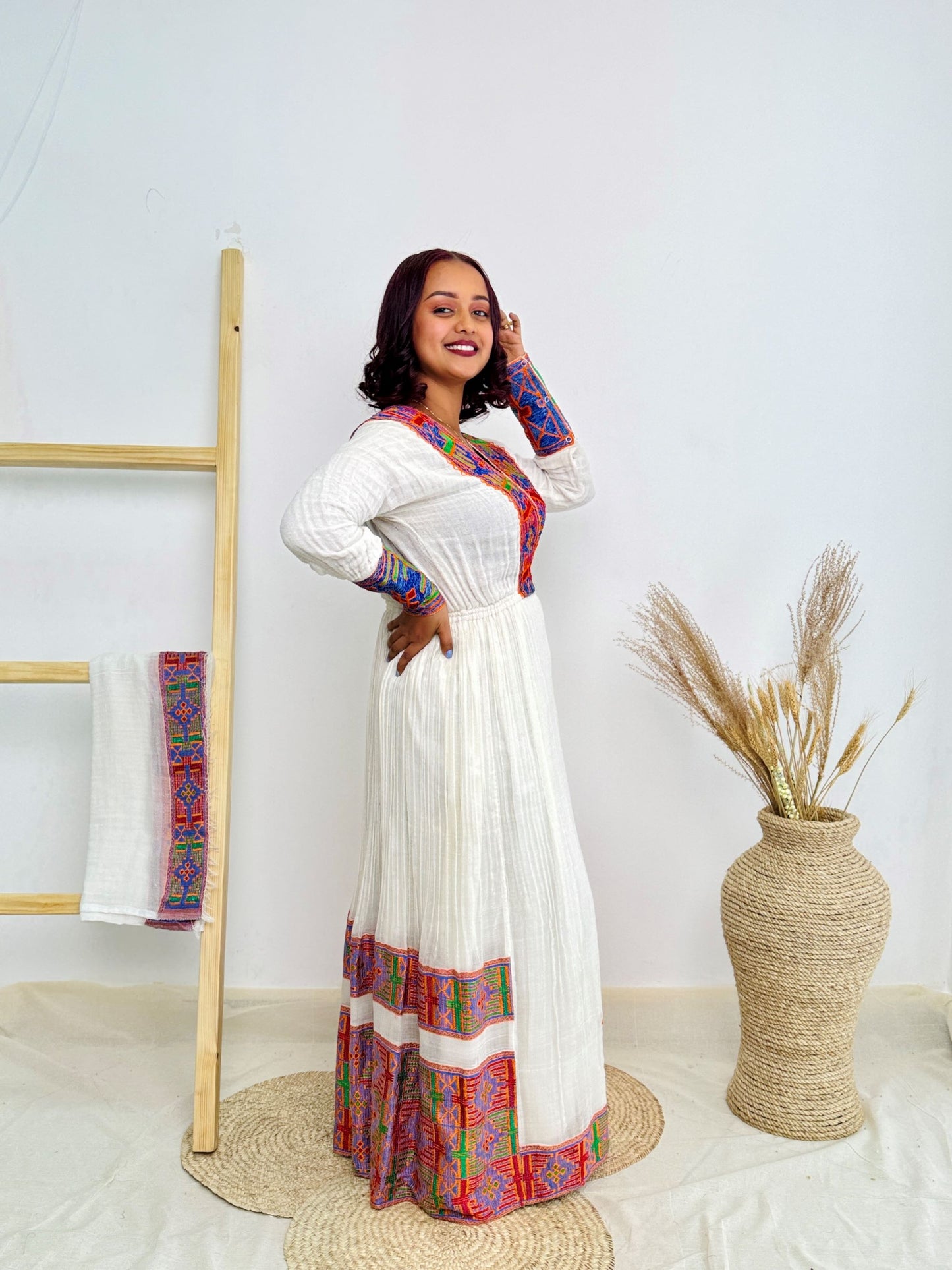 Ethiopian Handwoven White Dress | Vibrant Multicolor Tibeb & Cultural Cross Detail | Bold Habesha Kemis Hab207