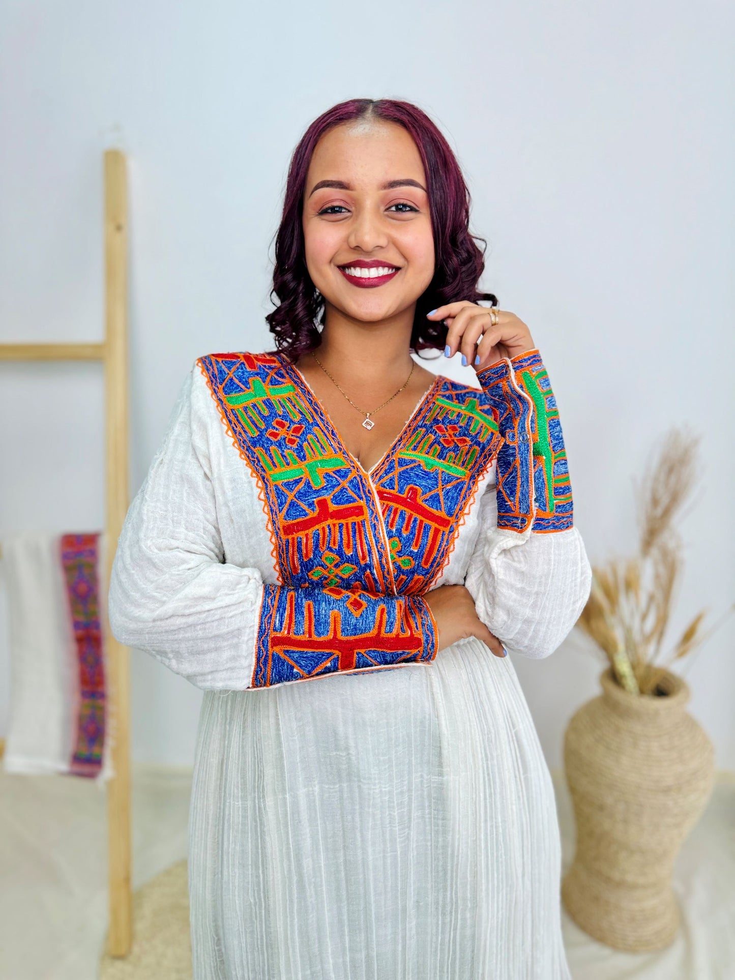 Ethiopian Handwoven White Dress | Vibrant Multicolor Tibeb & Cultural Cross Detail | Bold Habesha Kemis Hab207