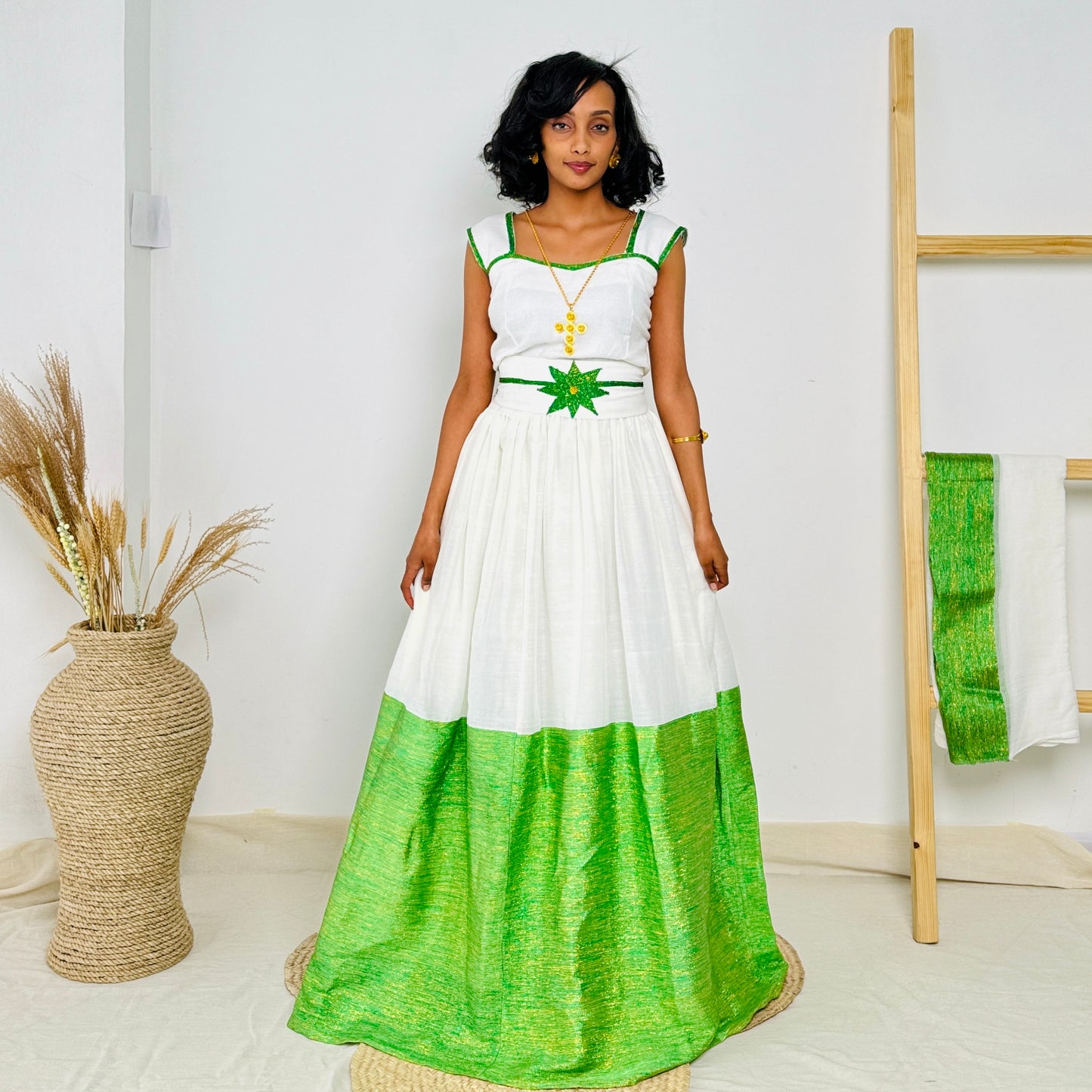 Ethiopian Dress | Vibrant Green Embroidery |  Traditional Ethiopian Dress  | Handwoven Cotton Hab64