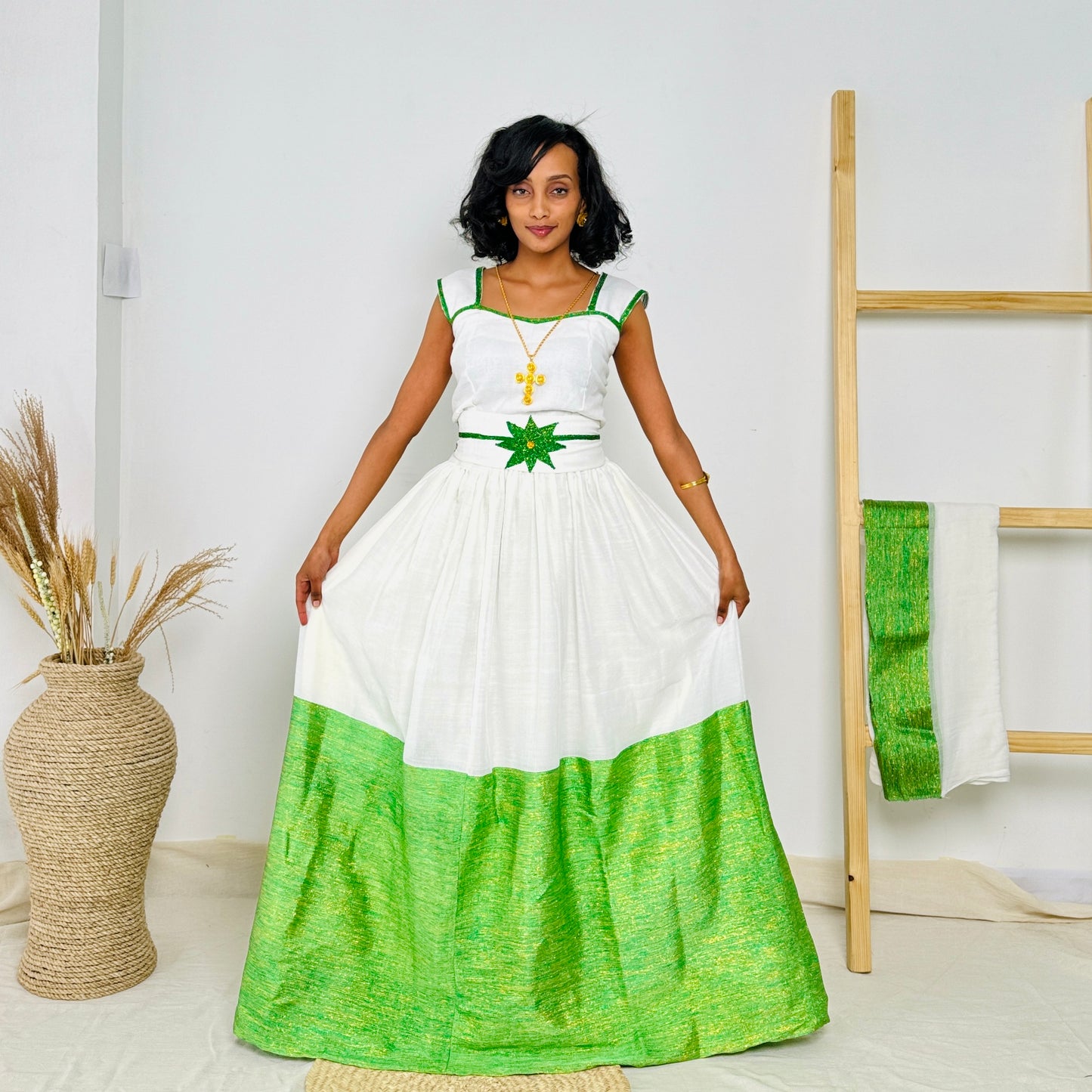 Ethiopian Dress | Vibrant Green Embroidery |  Traditional Ethiopian Dress  | Handwoven Cotton Hab64