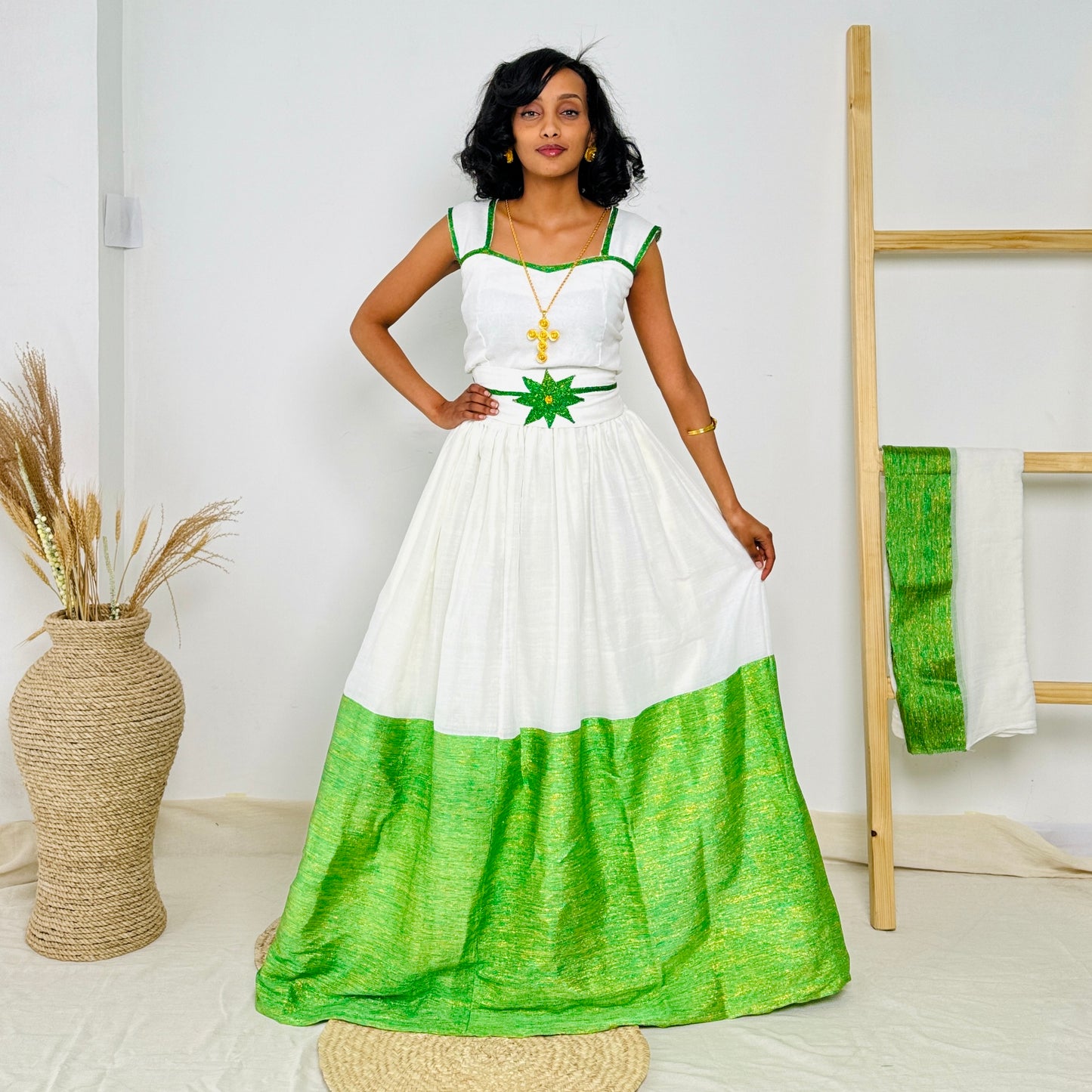 Ethiopian Dress  Vibrant Green Embroidery  Traditional Ethiopian Dress 