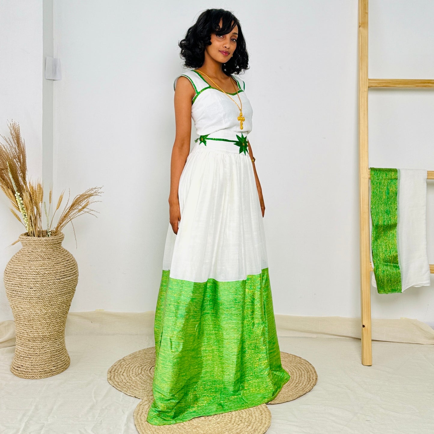 Ethiopian Dress | Vibrant Green Embroidery |  Traditional Ethiopian Dress  | Handwoven Cotton Hab64