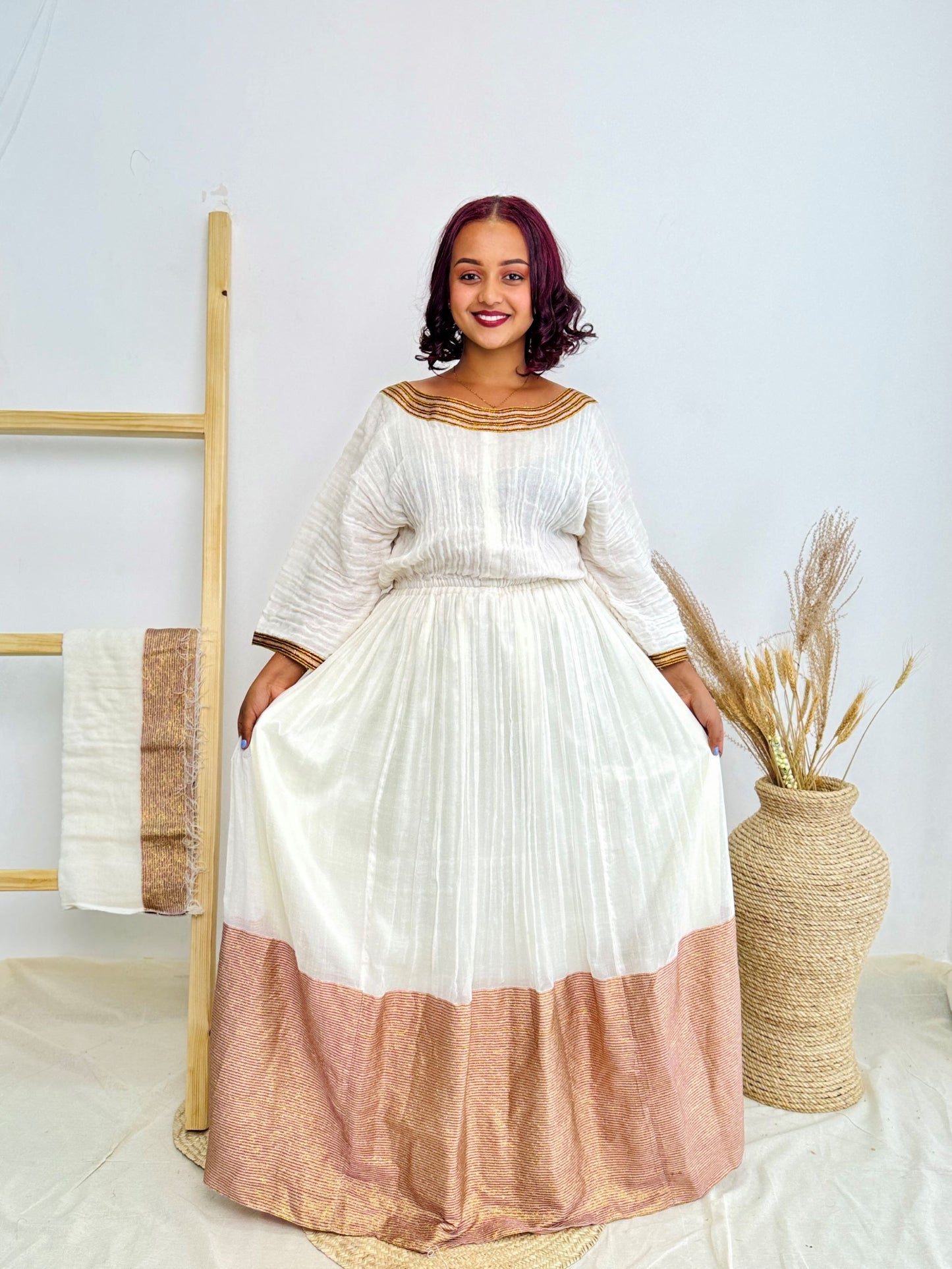 White & Gold Traditional Design | Ethiopian Occasion Dress | Handcrafted Cultural Elegance | Habesha Dress Hab140