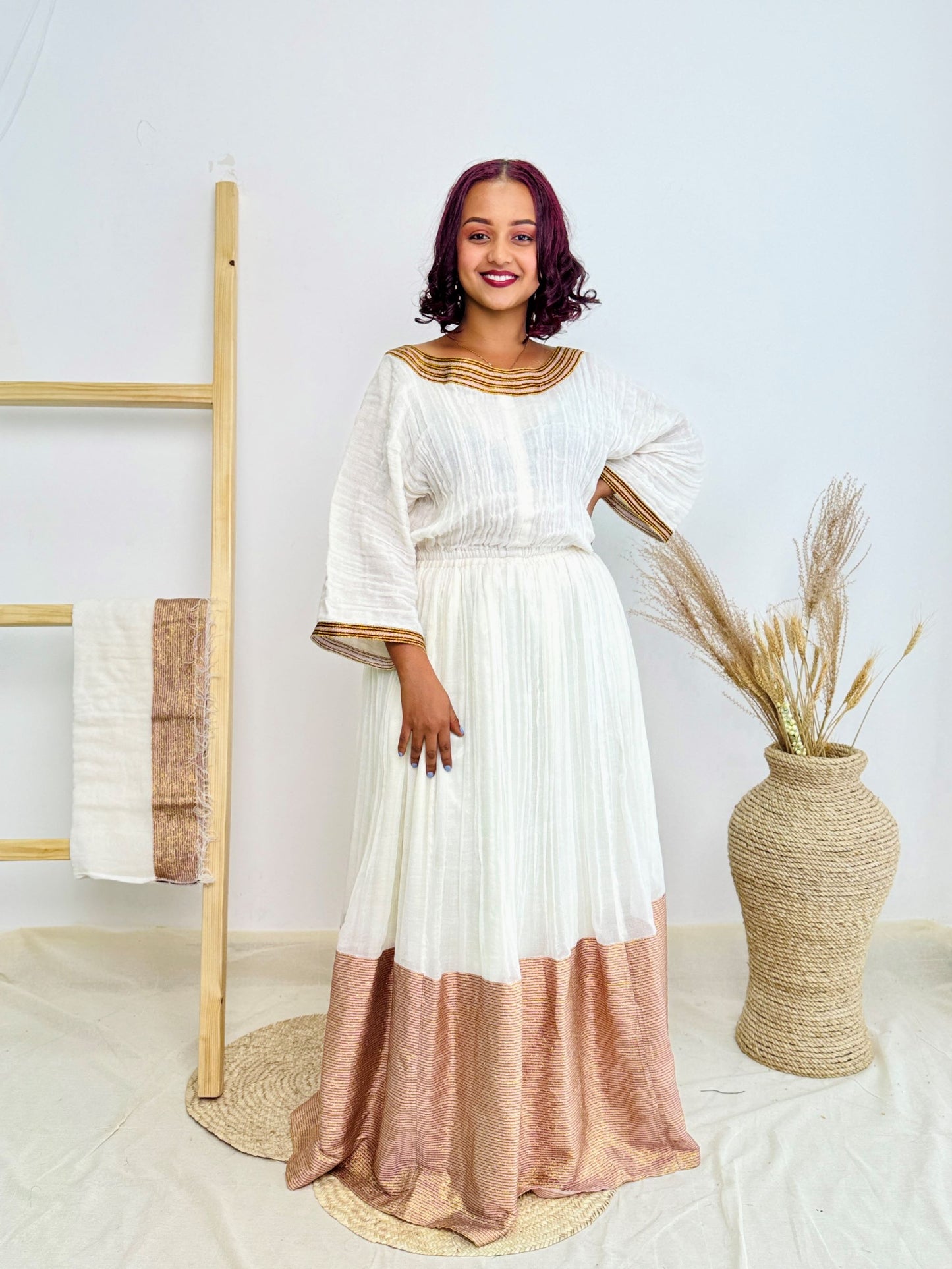 White & Gold Traditional Design | Ethiopian Occasion Dress | Handcrafted Cultural Elegance | Habesha Dress Hab140