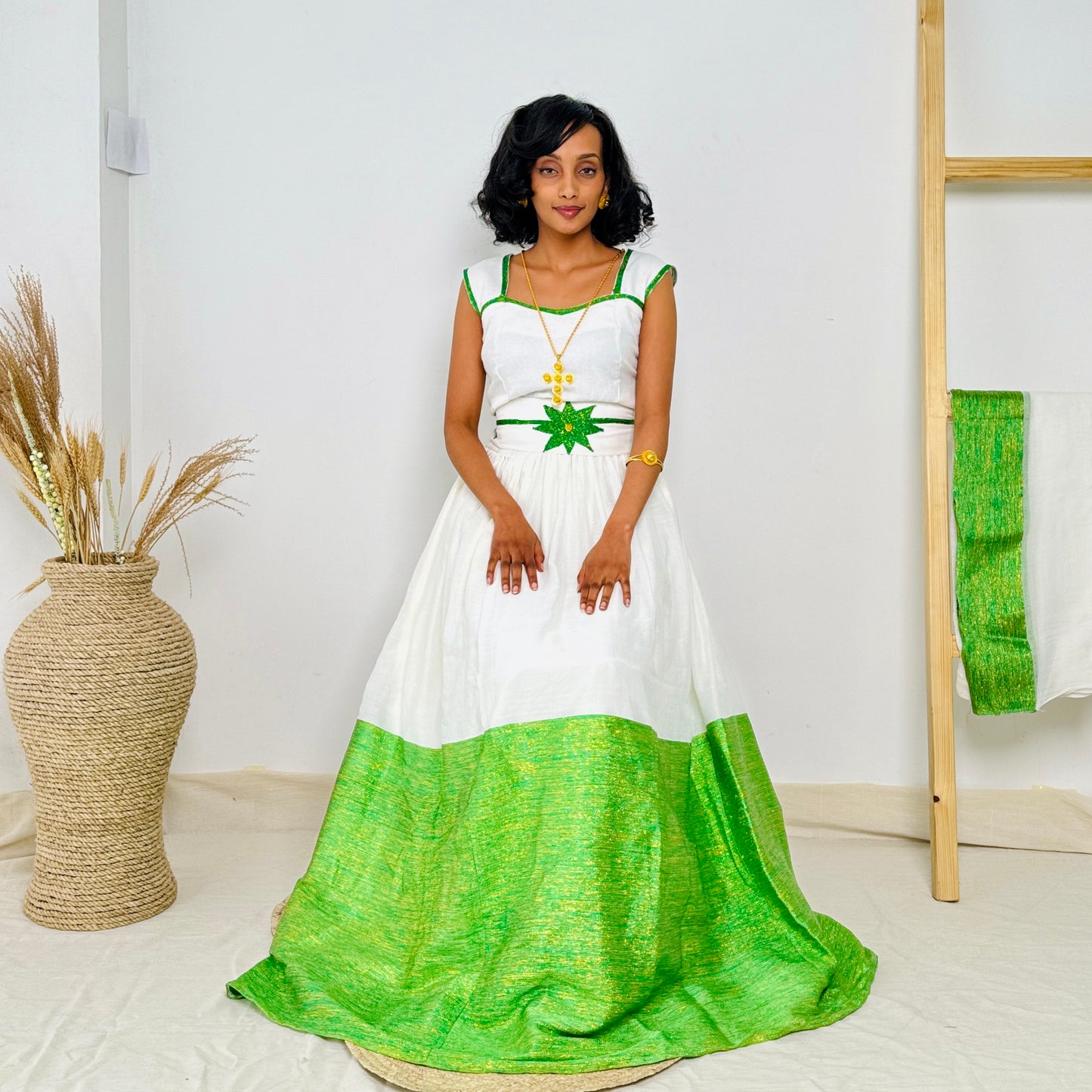 Ethiopian Dress | Vibrant Green Embroidery |  Traditional Ethiopian Dress  | Handwoven Cotton Hab64