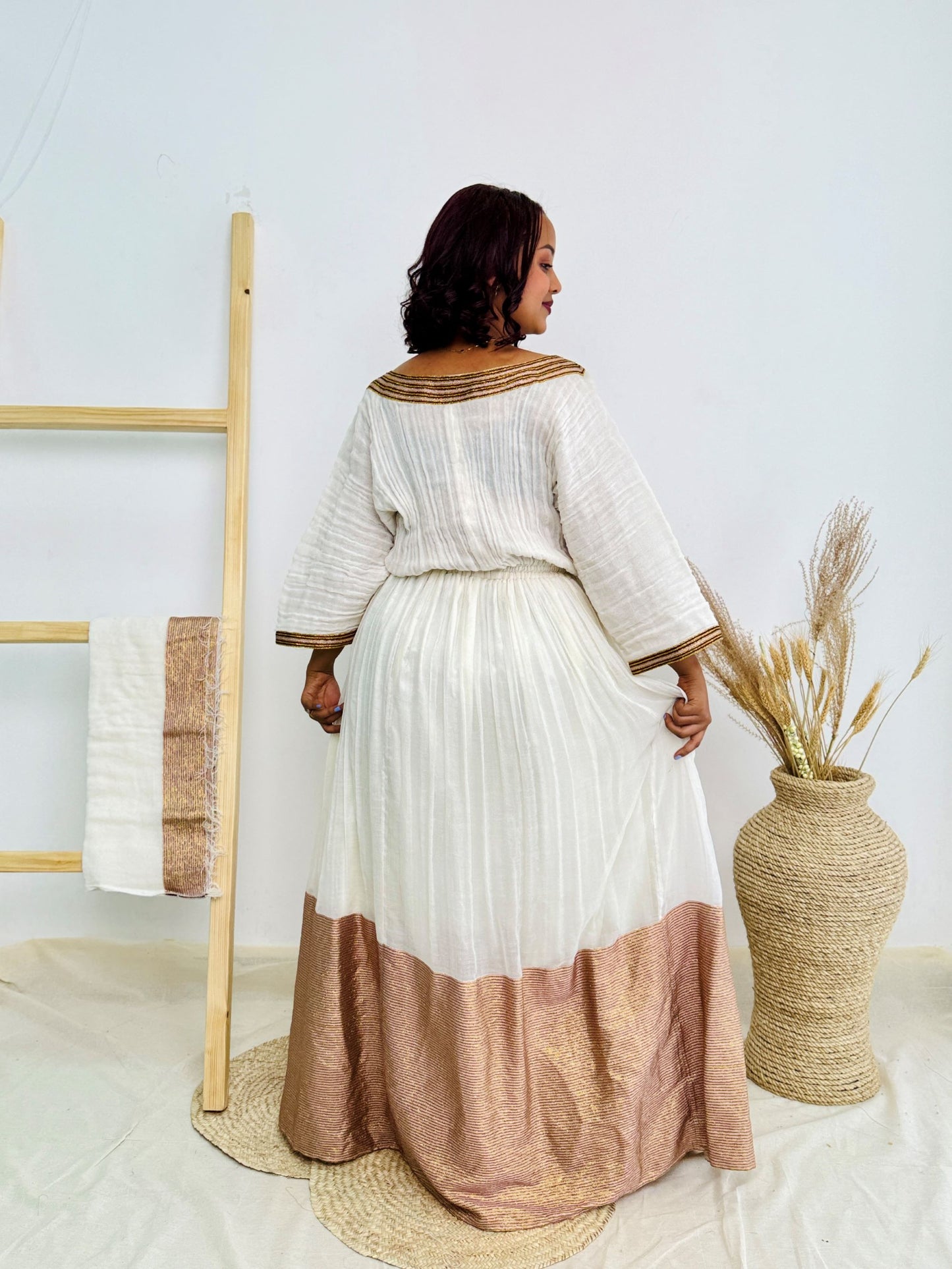 White & Gold Traditional Design | Ethiopian Occasion Dress | Handcrafted Cultural Elegance | Habesha Dress Hab140