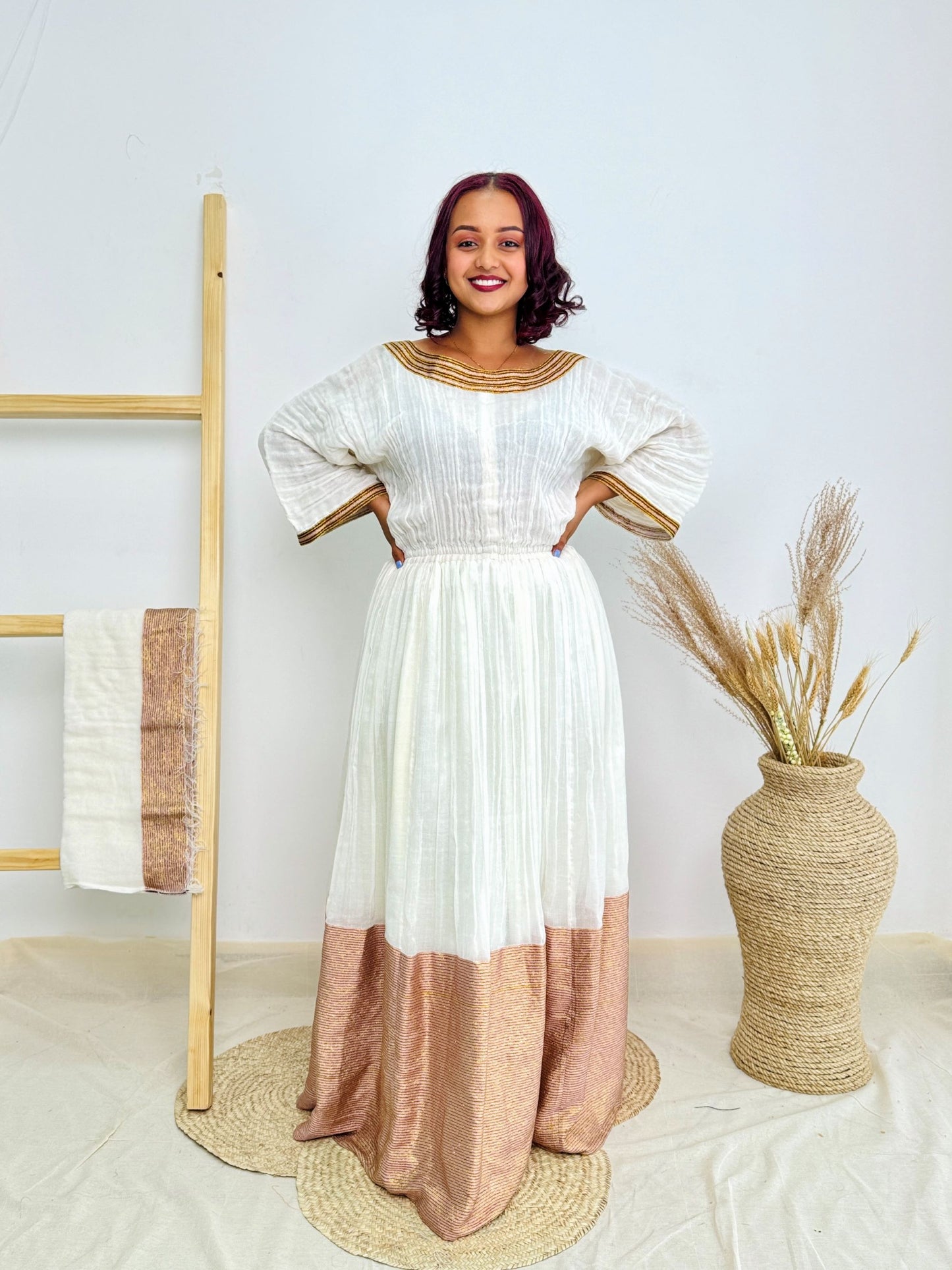 White & Gold Traditional Design | Ethiopian Occasion Dress | Handcrafted Cultural Elegance | Habesha Dress Hab140