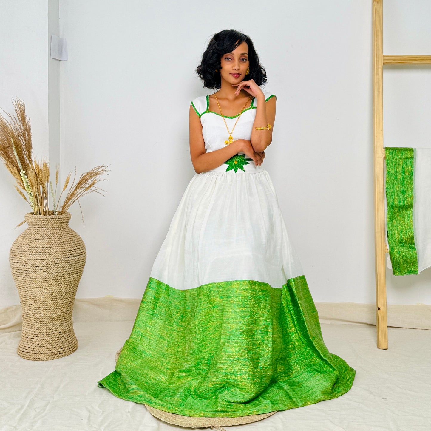 Ethiopian Dress | Vibrant Green Embroidery |  Traditional Ethiopian Dress  | Handwoven Cotton Hab64