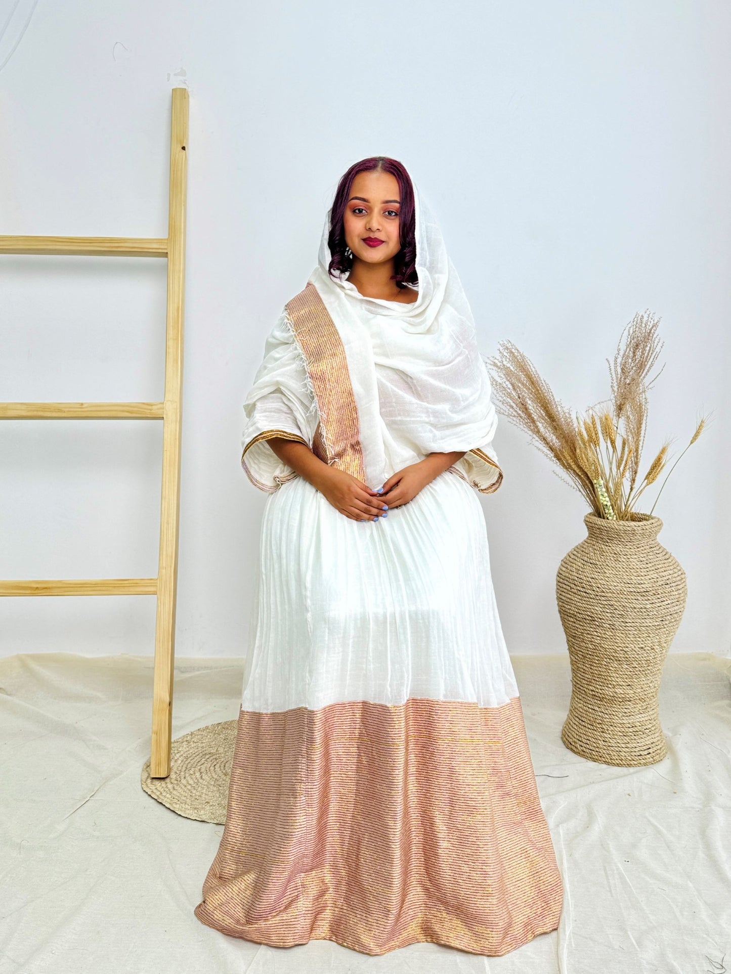 White & Gold Traditional Design | Ethiopian Occasion Dress | Handcrafted Cultural Elegance | Habesha Dress Hab140