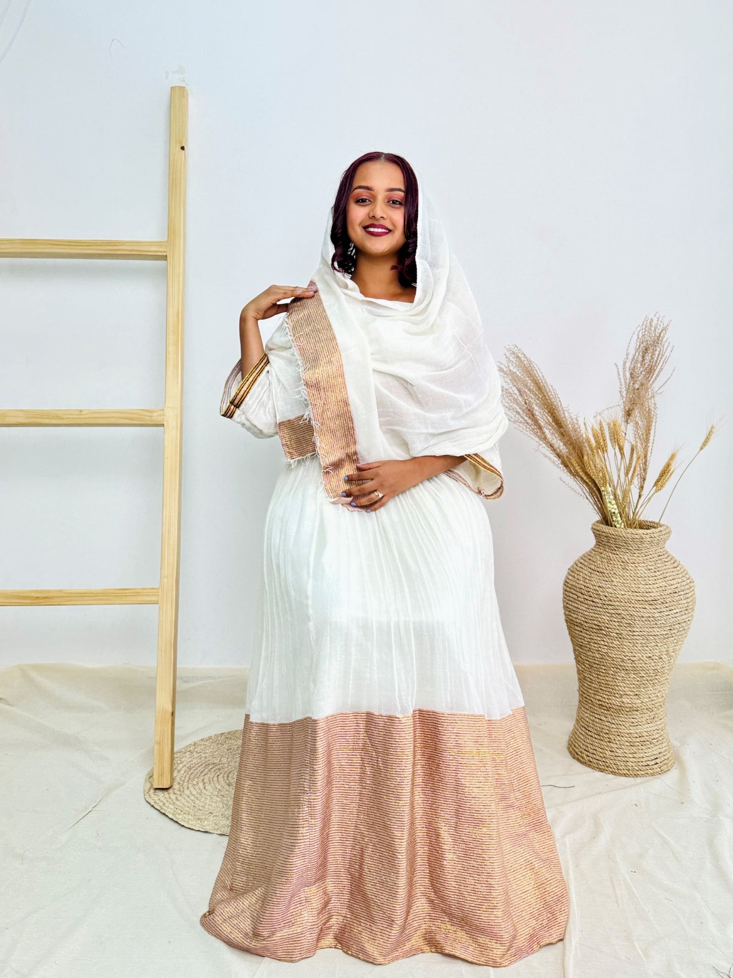 White & Gold Traditional Design | Ethiopian Occasion Dress | Handcrafted Cultural Elegance | Habesha Dress Hab140
