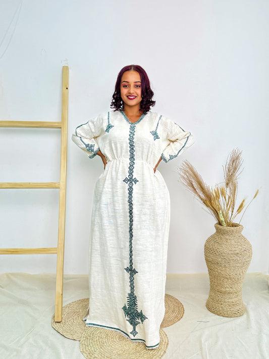 Minimalist Habesha Kemis | Ethiopian Handwoven White Dress | Deep Green Cross Motif & Classic Tibeb Hab209