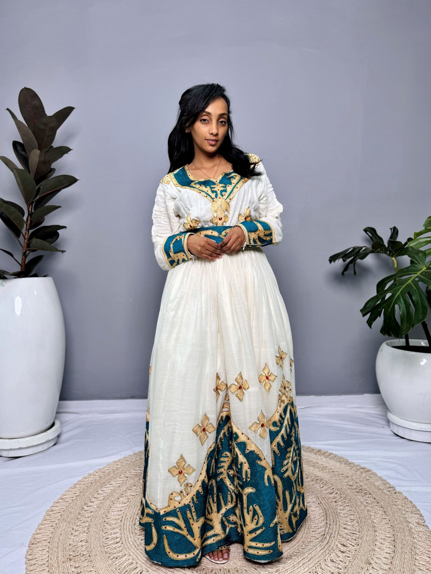 Habesha Dress | Full-Sleeved with Gold Embroidery | Weddings & Special Occasions Dress | Green Fabric Designs | Ethiopia Dress Hab123