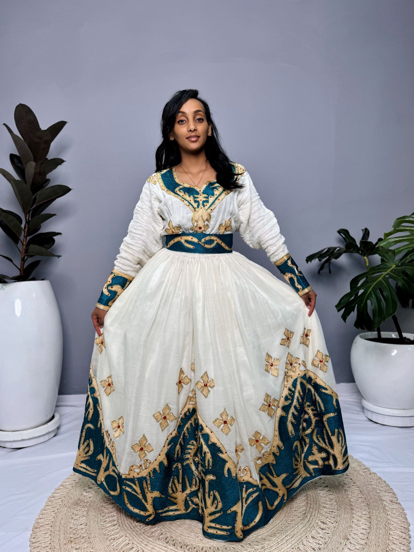 Habesha Dress | Full-Sleeved with Gold Embroidery | Weddings & Special Occasions Dress | Green Fabric Designs | Ethiopia Dress Hab123