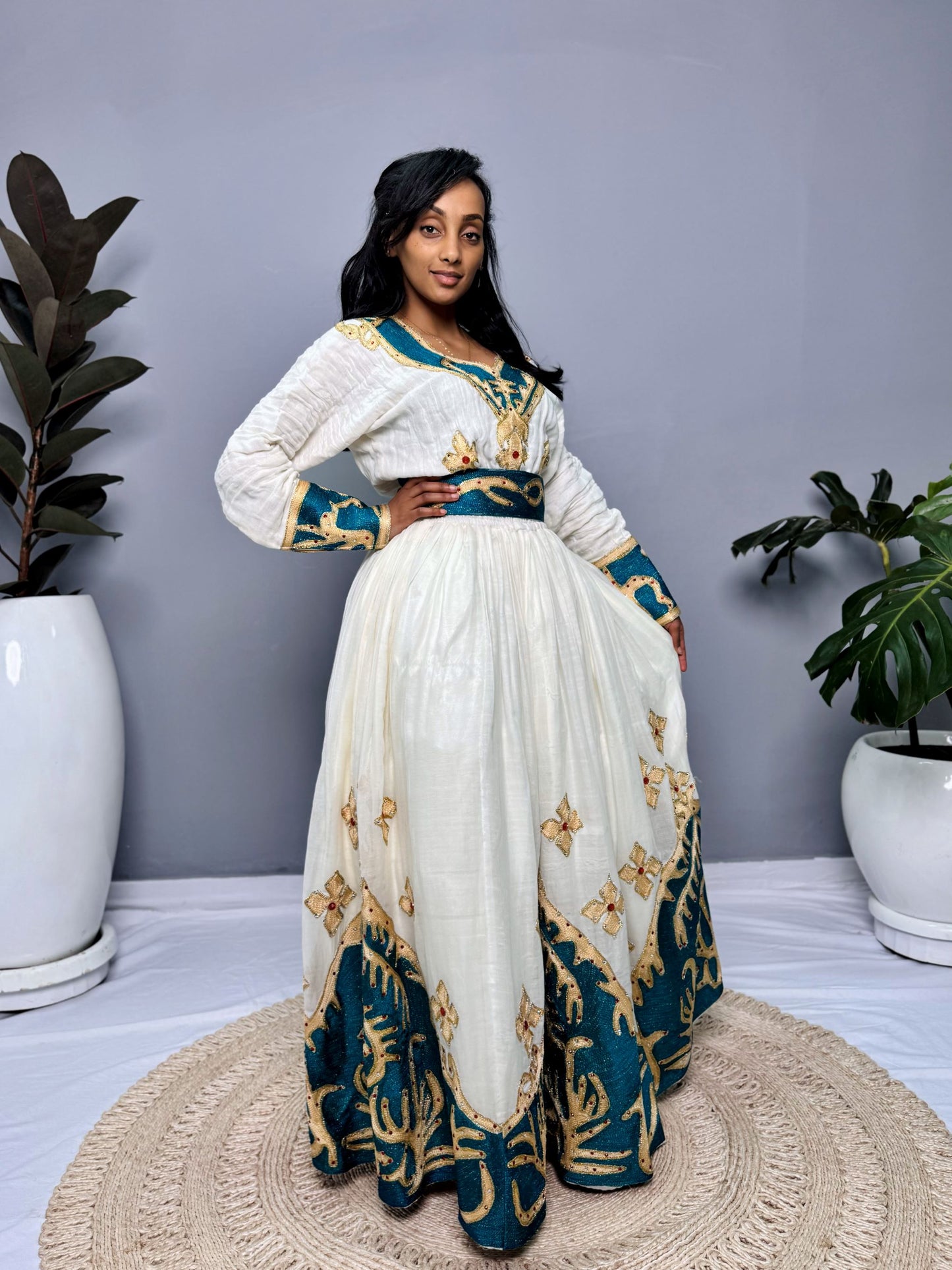 Habesha Dress | Full-Sleeved with Gold Embroidery | Weddings & Special Occasions Dress | Green Fabric Designs | Ethiopia Dress Hab123