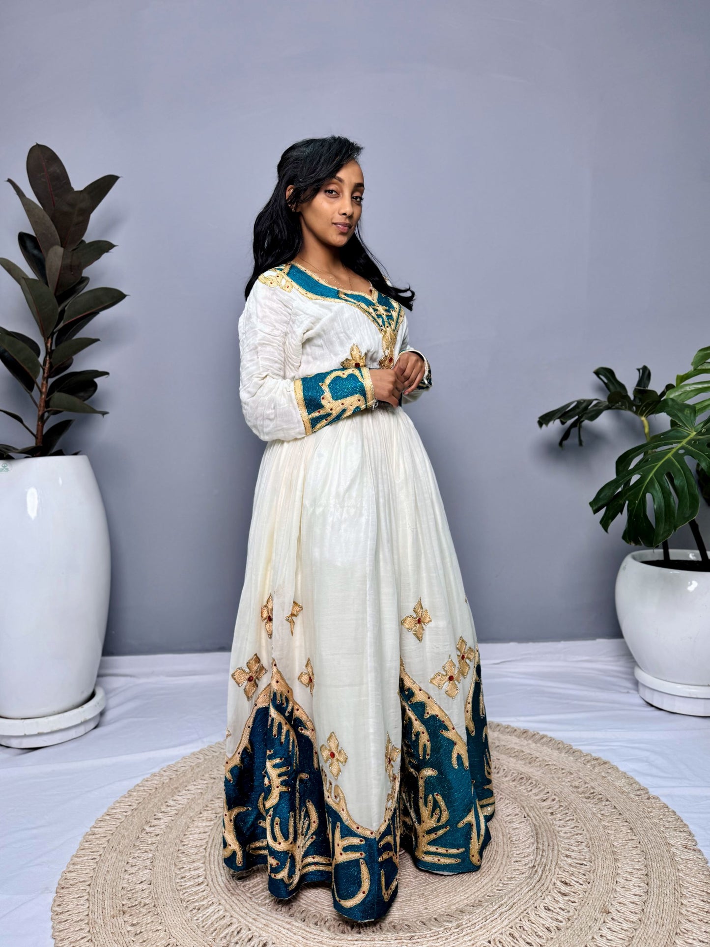 Habesha Dress | Full-Sleeved with Gold Embroidery | Weddings & Special Occasions Dress | Green Fabric Designs | Ethiopia Dress Hab123