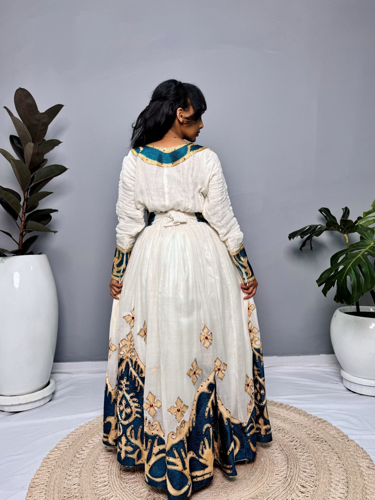 Habesha Dress | Full-Sleeved with Gold Embroidery | Weddings & Special Occasions Dress | Green Fabric Designs | Ethiopia Dress Hab123