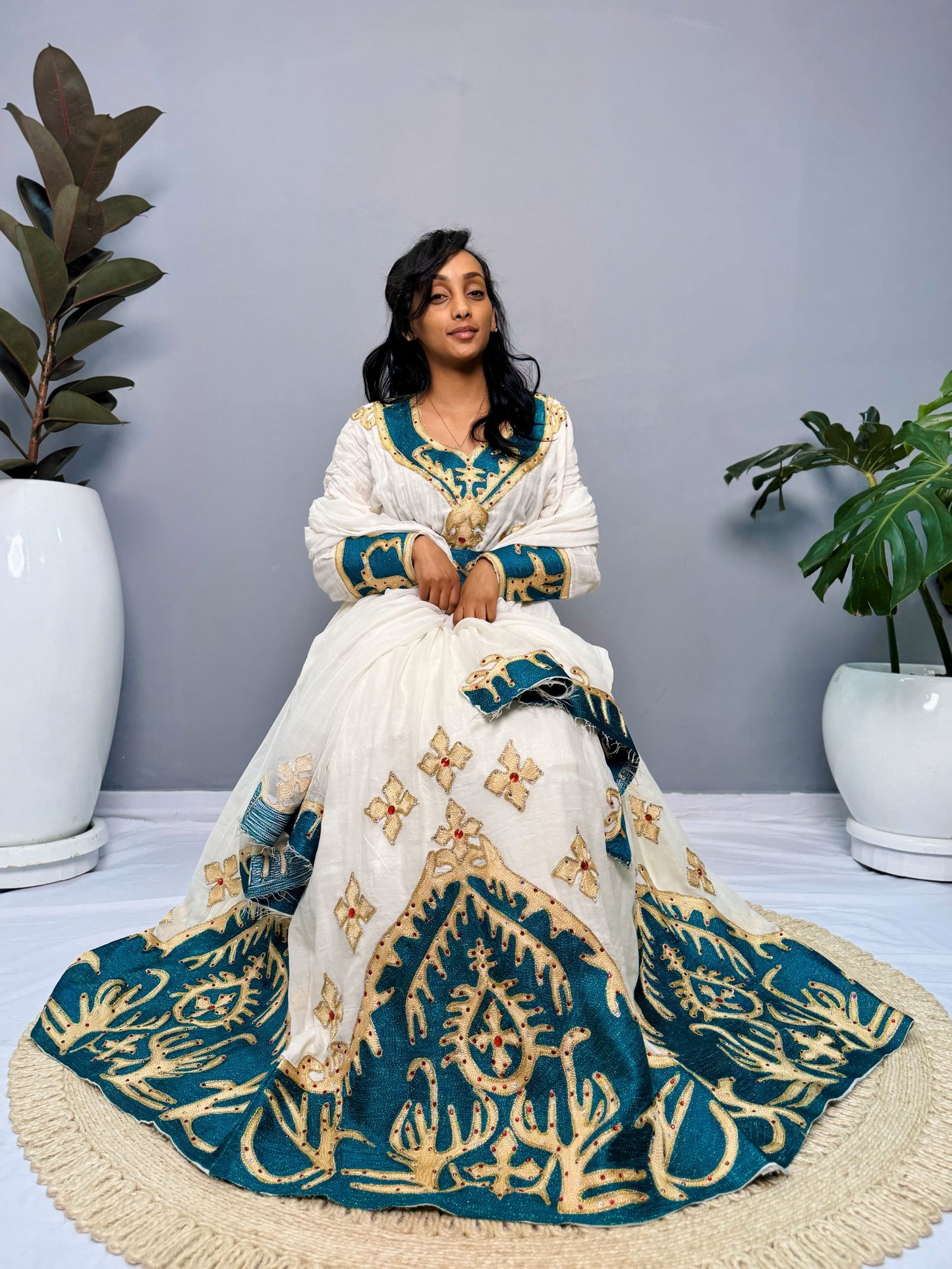Habesha Dress | Full-Sleeved with Gold Embroidery | Weddings & Special Occasions Dress | Green Fabric Designs | Ethiopia Dress Hab123