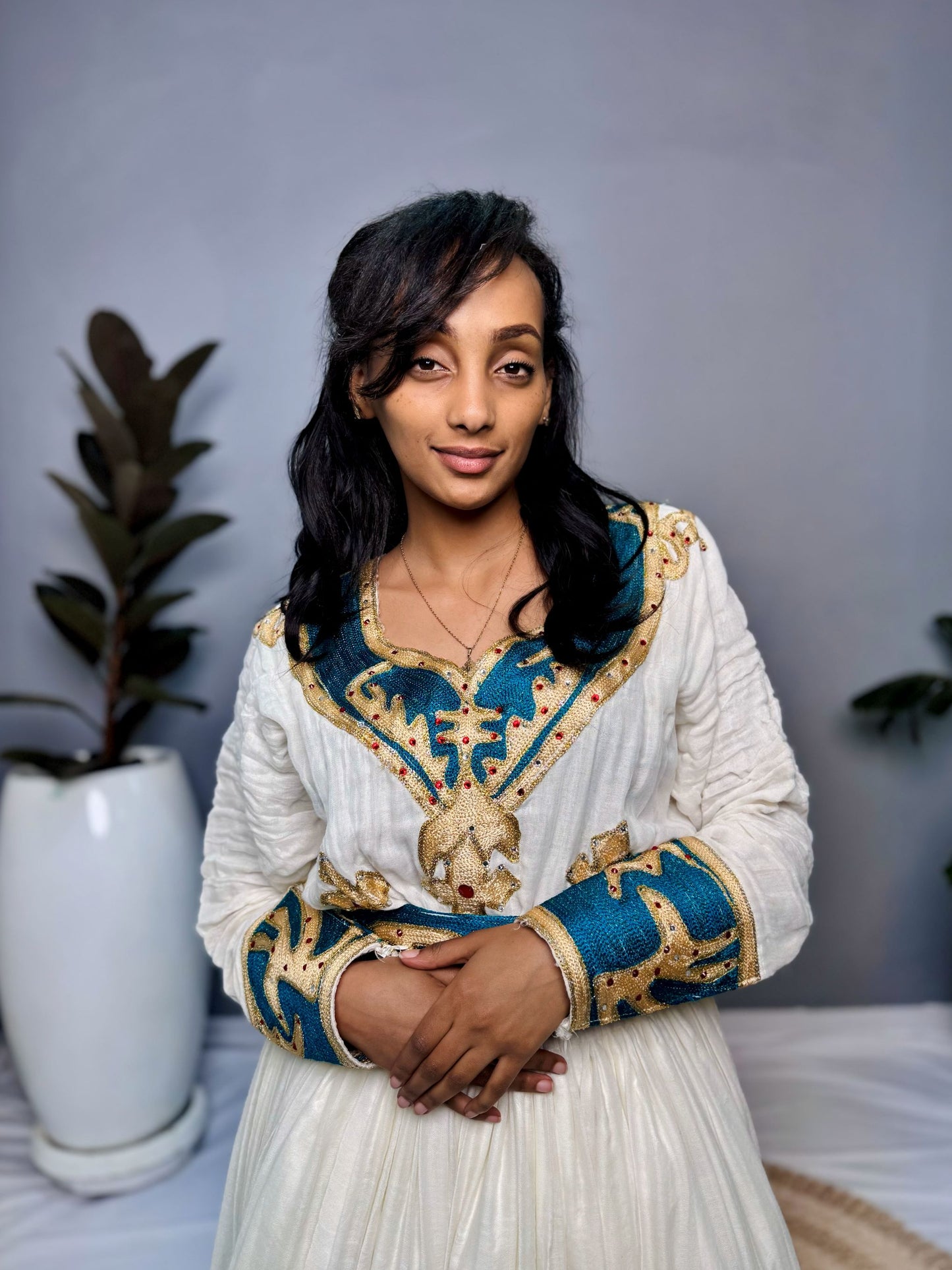 Habesha Dress | Full-Sleeved with Gold Embroidery | Weddings & Special Occasions Dress | Green Fabric Designs | Ethiopia Dress Hab123