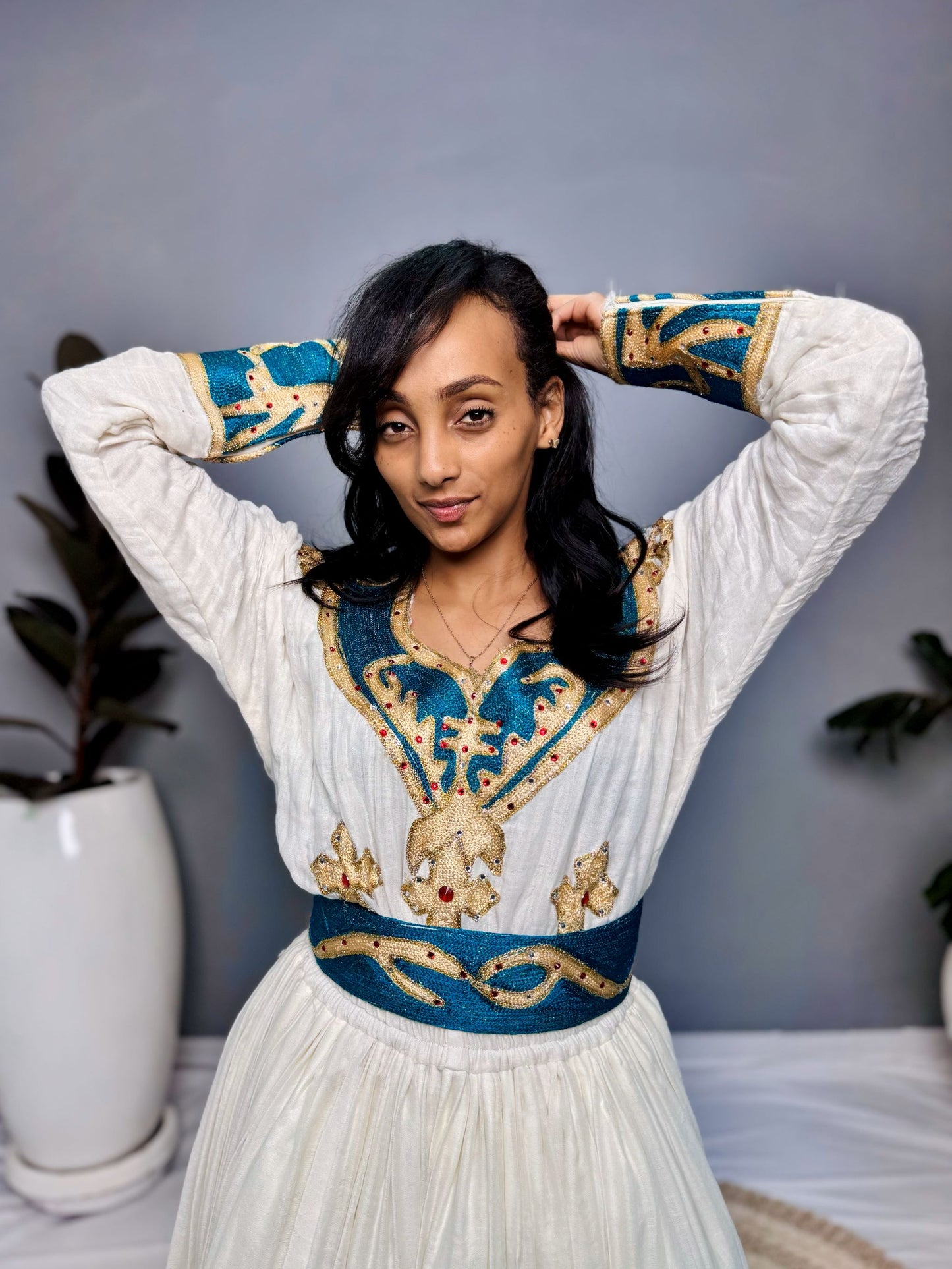 Habesha Dress | Full-Sleeved with Gold Embroidery | Weddings & Special Occasions Dress | Green Fabric Designs | Ethiopia Dress Hab123