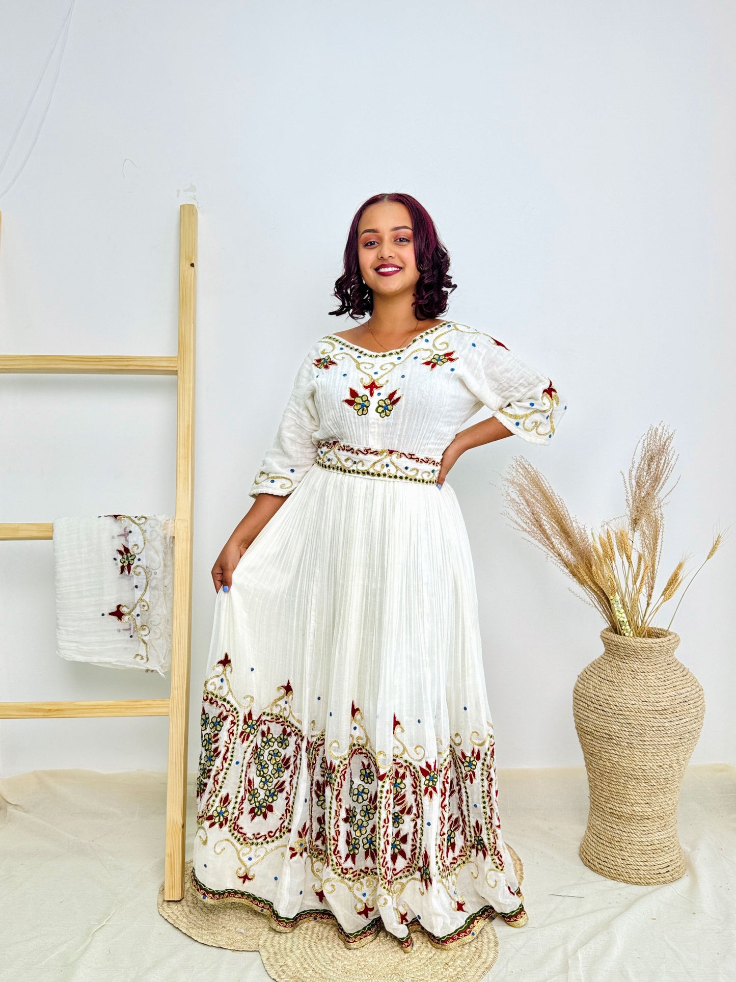 Ethiopian Dress| Red and Gold Embroidery | Festive Dress |Habesha Kemis Hab62