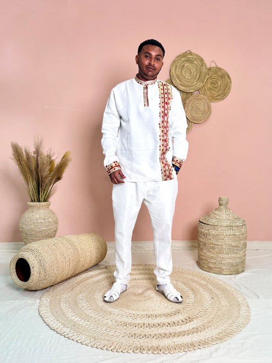 Ethiopian Men's Traditional Shirt & Pants Set | White with Red and Gold Tibeb | Cultural Clothing | Habesha Outfit Men Hab160
