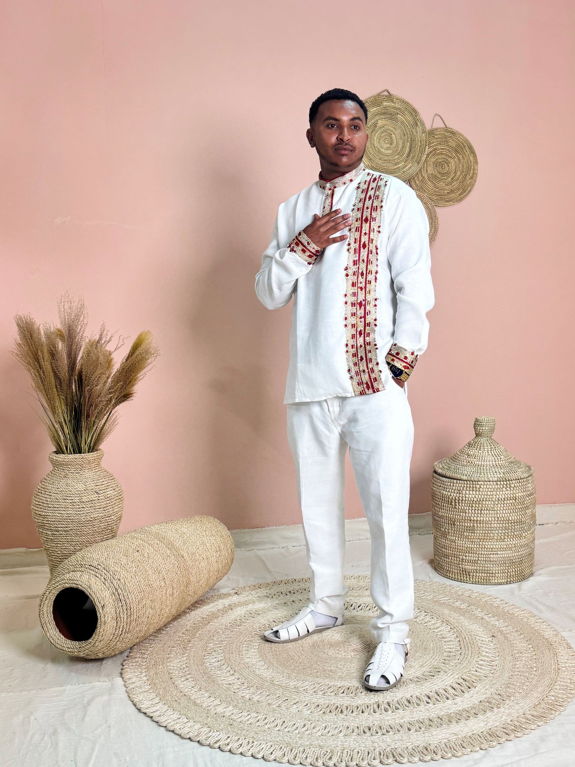 Ethiopian Men's Traditional Shirt & Pants Set | White with Red and Gold Tibeb | Cultural Clothing Hab160