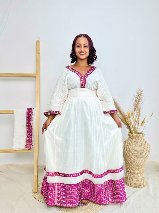 Elegant White Ethiopian Dress | White with Bright Pink Geometric Border | Handwoven Cotton | Empire Waist Cultural Clothing | Hab198