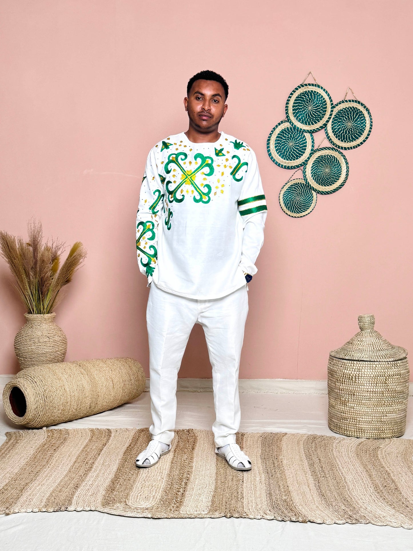 Couples' Habesha Wedding Outfits | Elegant Green Embroidery |Habesha Wedding Dress | Handwoven Ethiopian Dress Hab81
