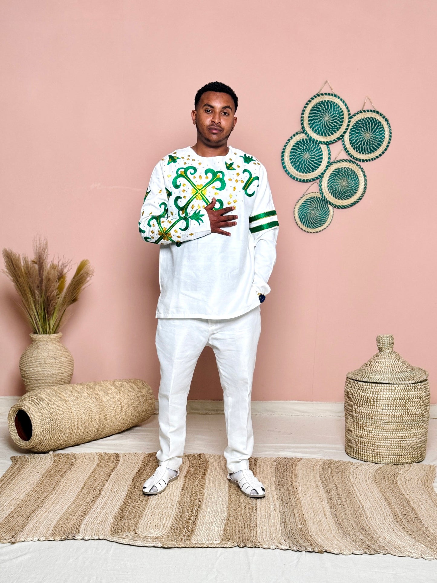 Couples' Habesha Wedding Outfits | Elegant Green Embroidery |Habesha Wedding Dress | Handwoven Ethiopian Dress Hab81