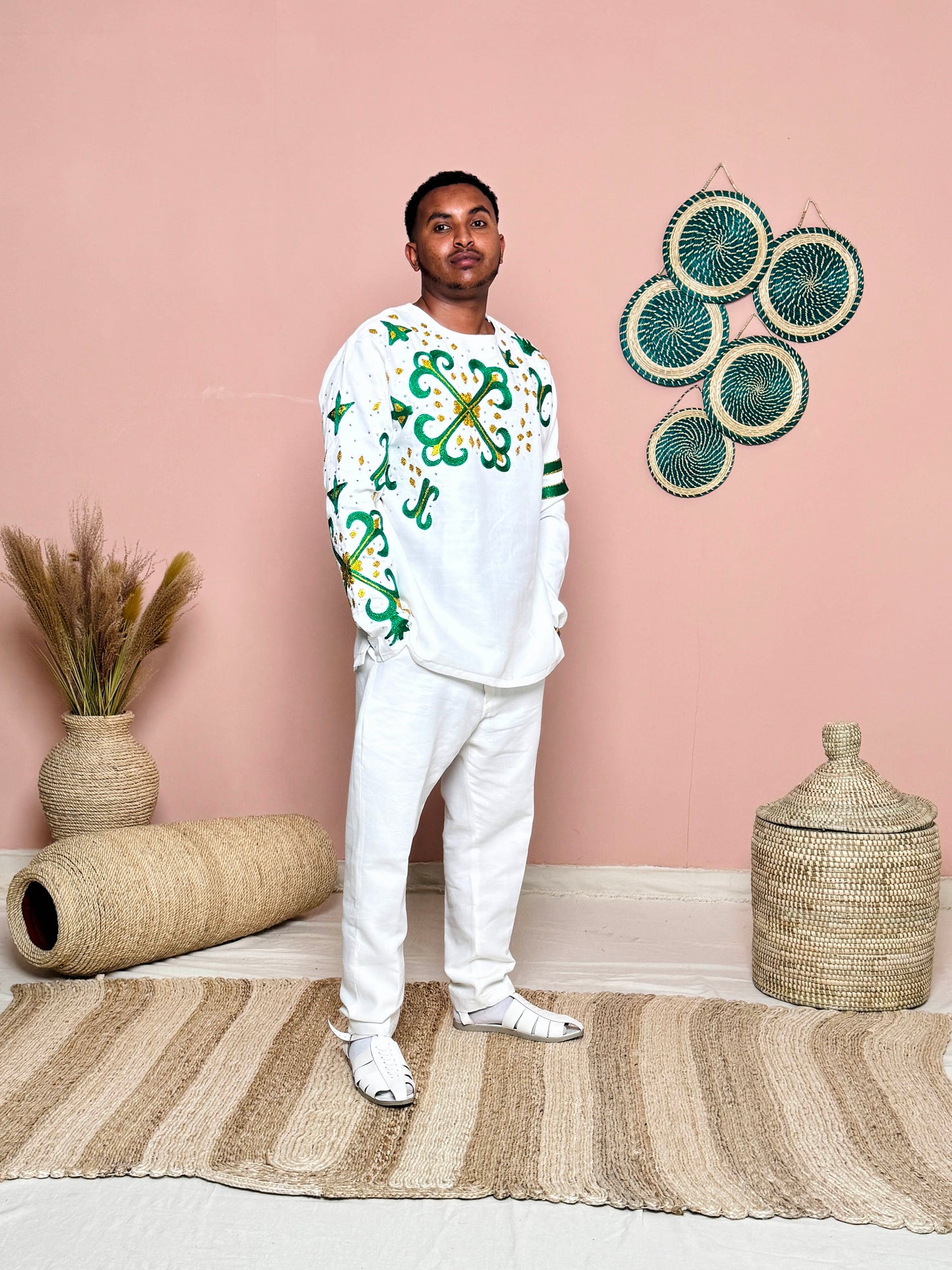 Couples' Habesha Wedding Outfits | Elegant Green Embroidery |Habesha Wedding Dress | Handwoven Ethiopian Dress Hab81