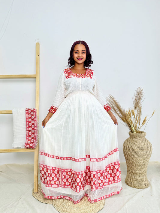 Traditional Ethiopian Habesha Dress | Handwoven Cotton | Red Embroidered Maternity Gown | Flowy Fit | Handmade Cultural Clothing | Hab196
