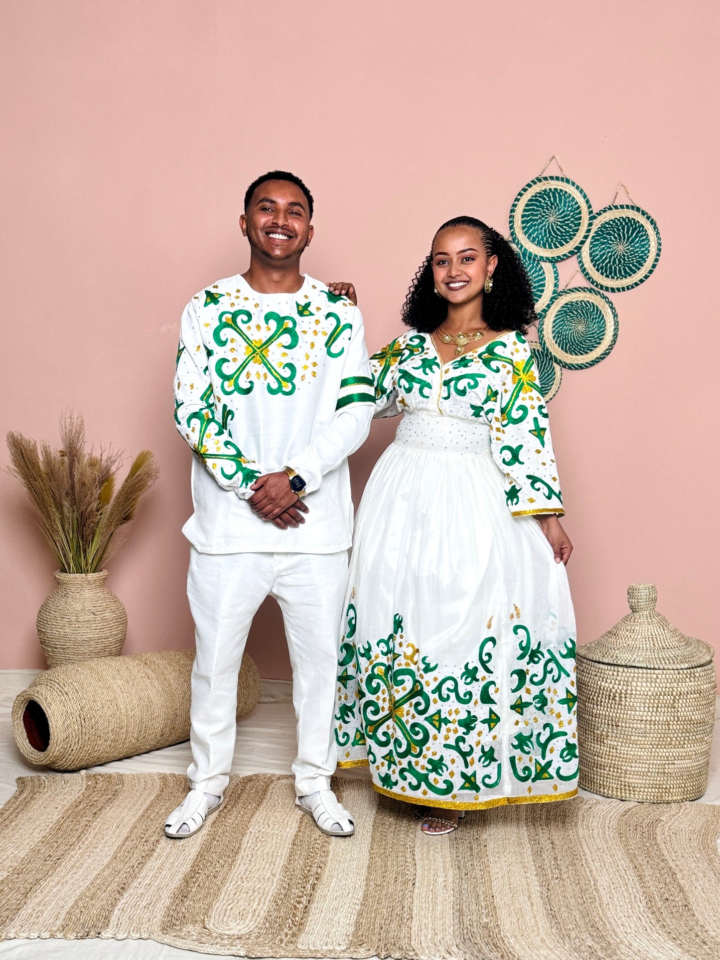 Couples' Habesha Wedding Outfits | Elegant Green Embroidery |Habesha Wedding Dress | Handwoven Ethiopian Dress Hab81
