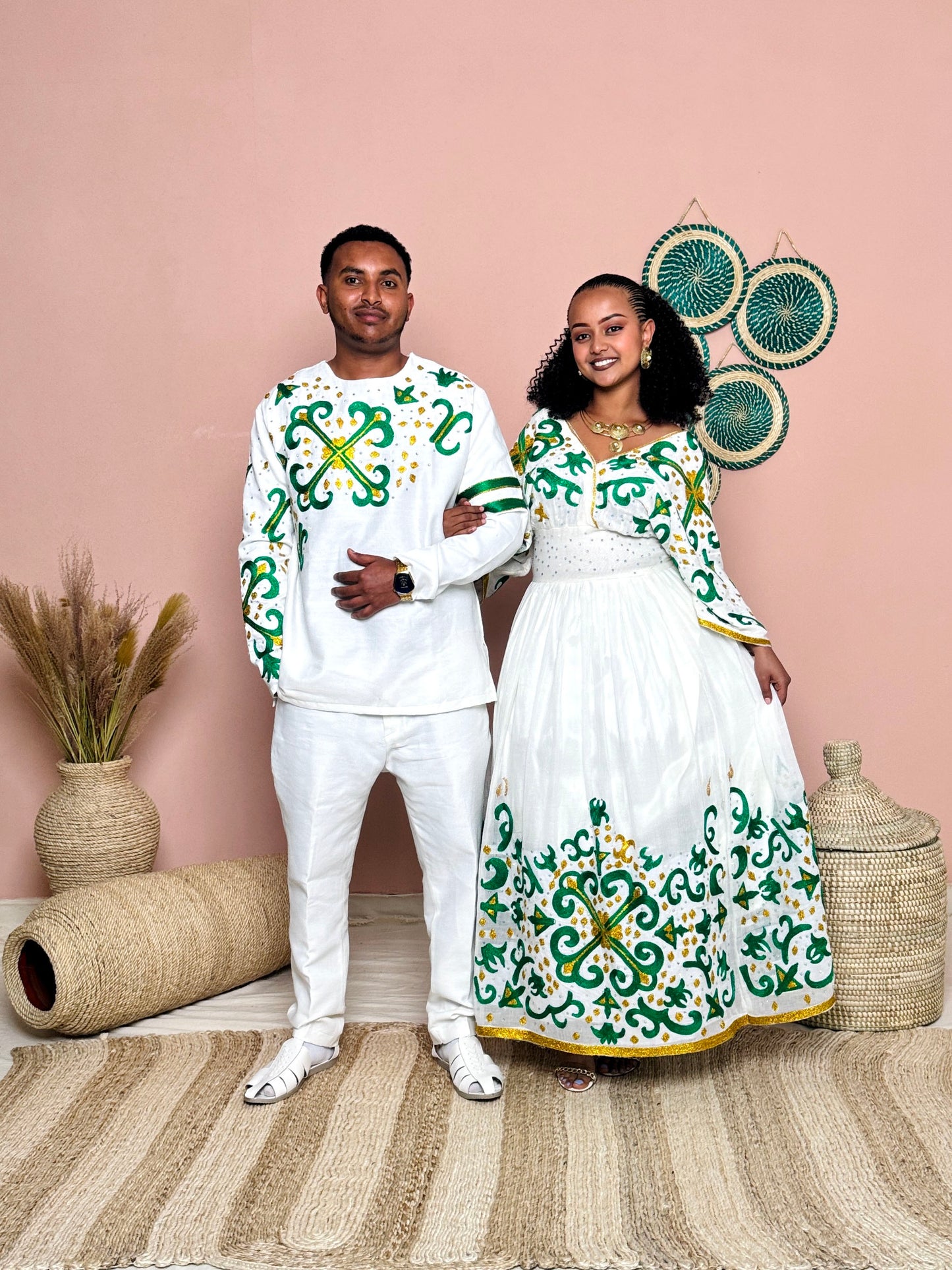 Couples' Habesha Wedding Outfits | Elegant Green Embroidery |Habesha Wedding Dress | Handwoven Ethiopian Dress Hab81