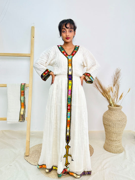 Traditional Ethiopian Habesha Dress | Handwoven Cotton | V-Neck with Bold Tibeb | Flowy Fit Hab235