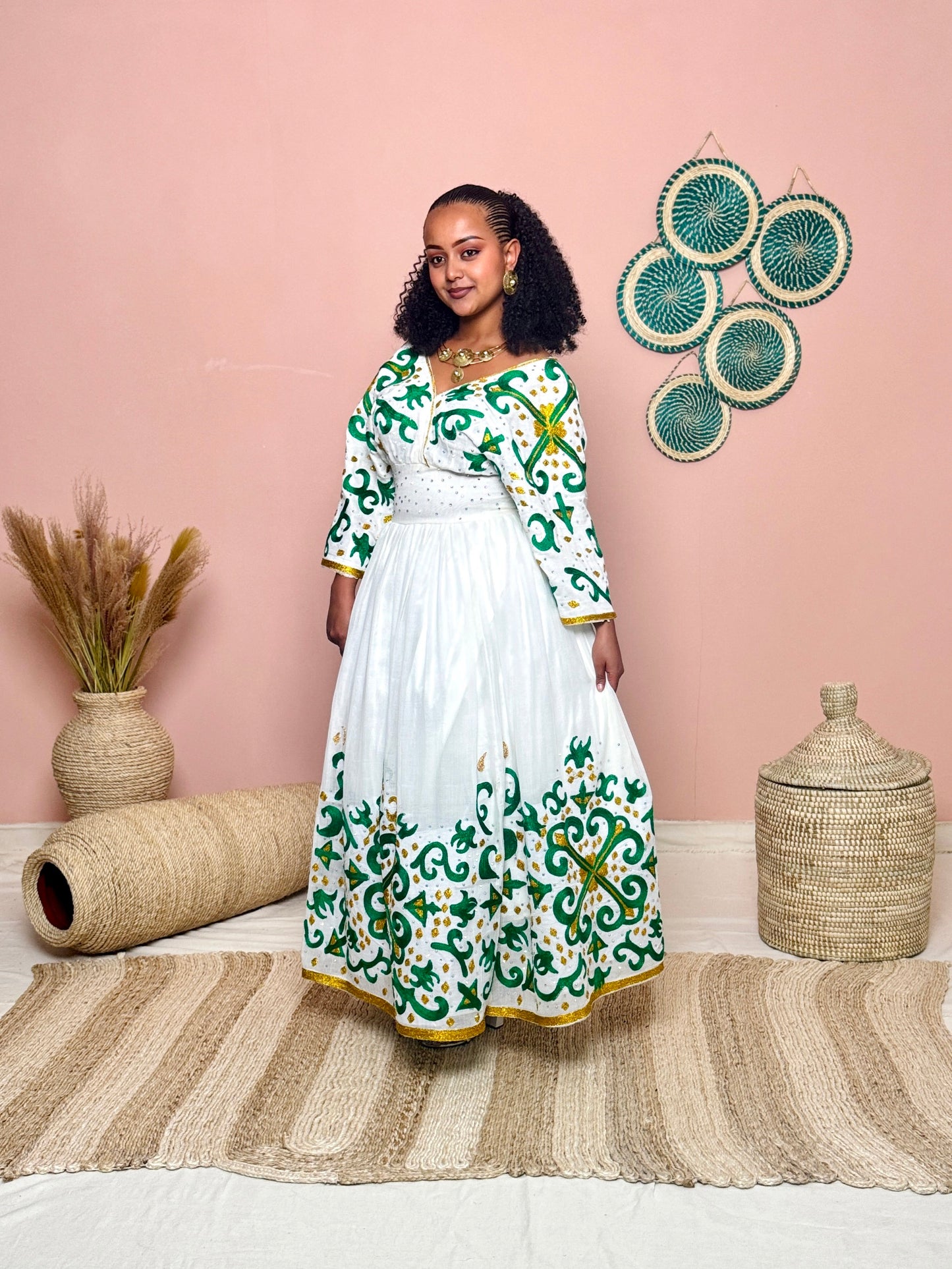 Couples' Habesha Wedding Outfits | Elegant Green Embroidery |Habesha Wedding Dress | Handwoven Ethiopian Dress Hab81
