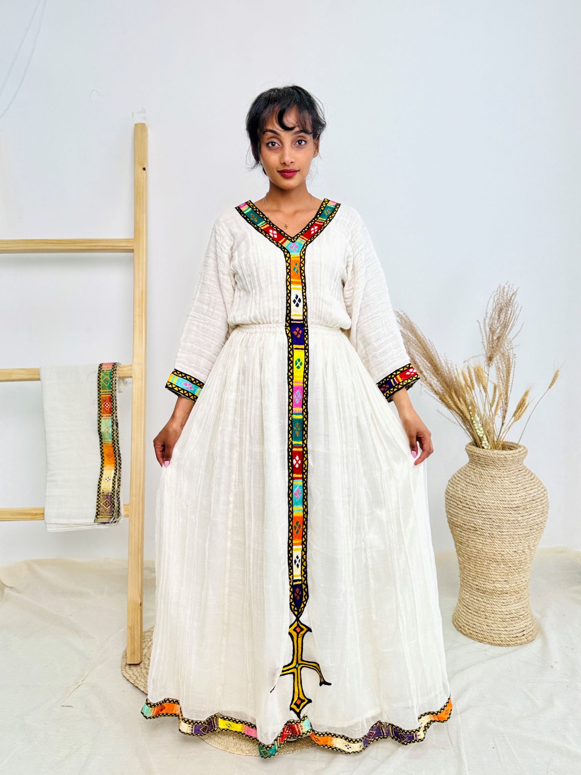 Traditional Ethiopian Habesha Dress | Handwoven Cotton | V-Neck with Bold Tibeb | Flowy Fit Hab235