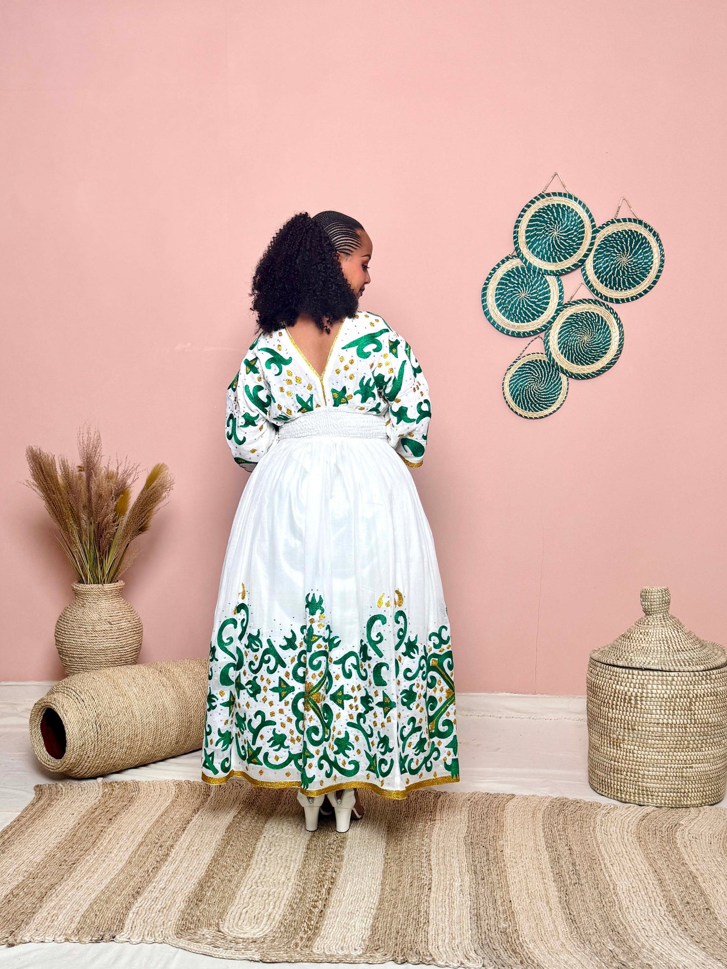 Couples' Habesha Wedding Outfits | Elegant Green Embroidery |Habesha Wedding Dress | Handwoven Ethiopian Dress Hab81