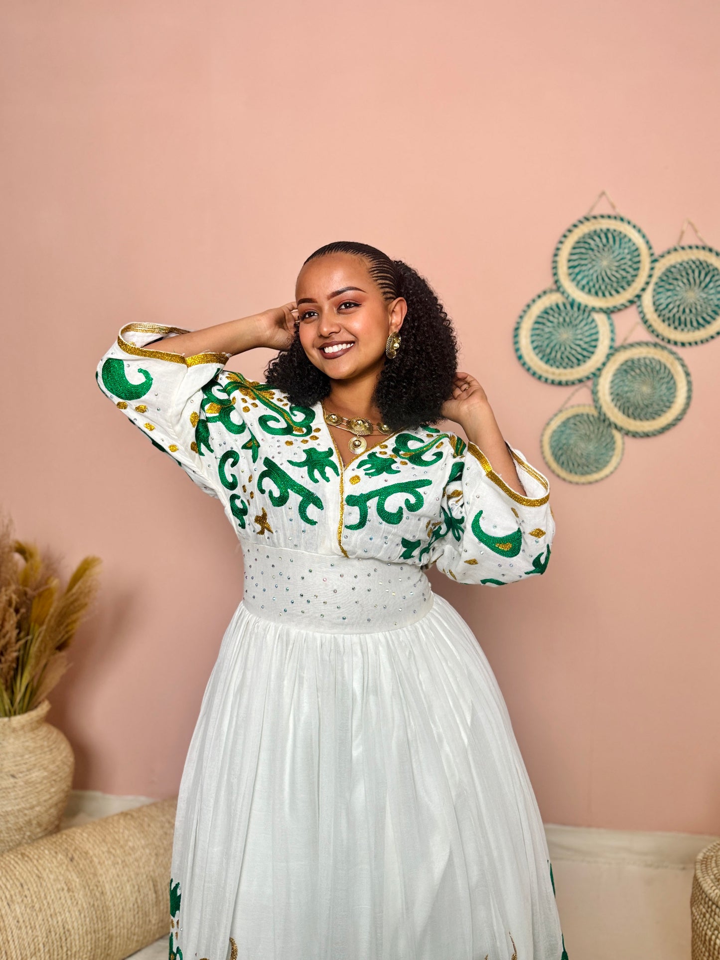 Couples' Habesha Wedding Outfits | Elegant Green Embroidery |Habesha Wedding Dress | Handwoven Ethiopian Dress Hab81