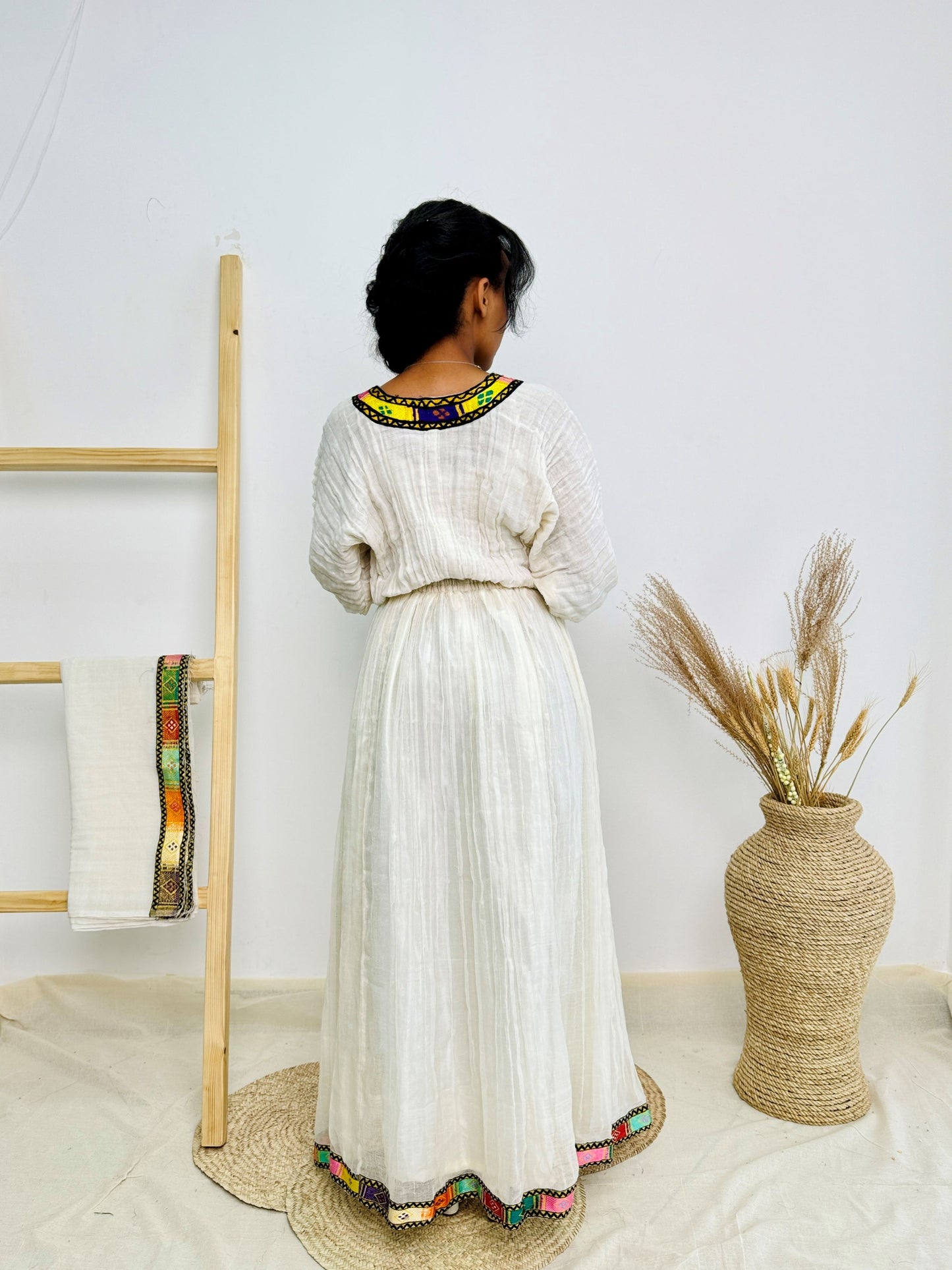 Traditional Ethiopian Habesha Dress | Handwoven Cotton | V-Neck with Bold Tibeb | Flowy Fit Hab235
