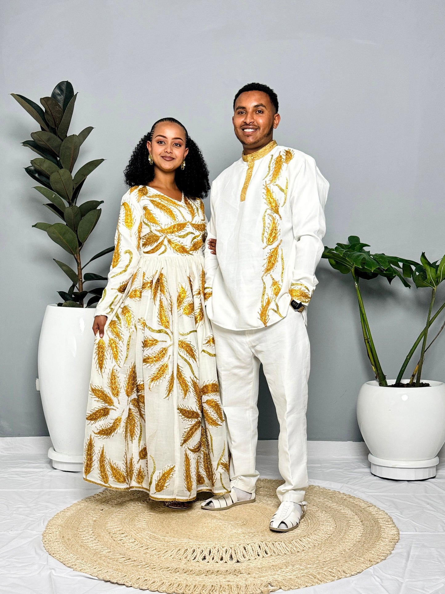 Couples' Habesha Wedding Outfits | Gold Feather Design | Habesha Wedding Dress | Handwoven Ethiopian Dress Hab80