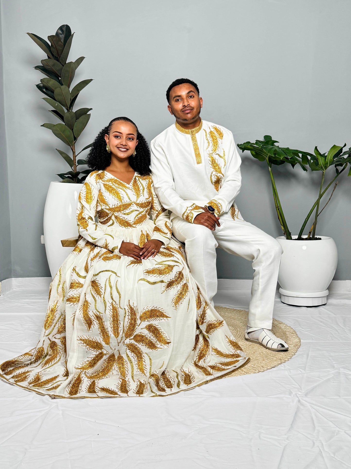 Couples' Habesha Wedding Outfits | Gold Feather Design | Habesha Wedding Dress | Handwoven Ethiopian Dress Hab80