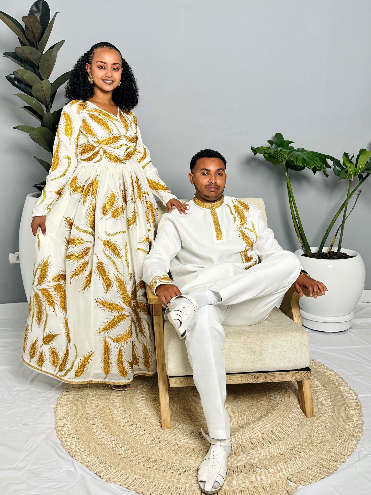 Couples' Habesha Wedding Outfits | Gold Feather Design | Habesha Wedding Dress | Handwoven Ethiopian Dress Hab80