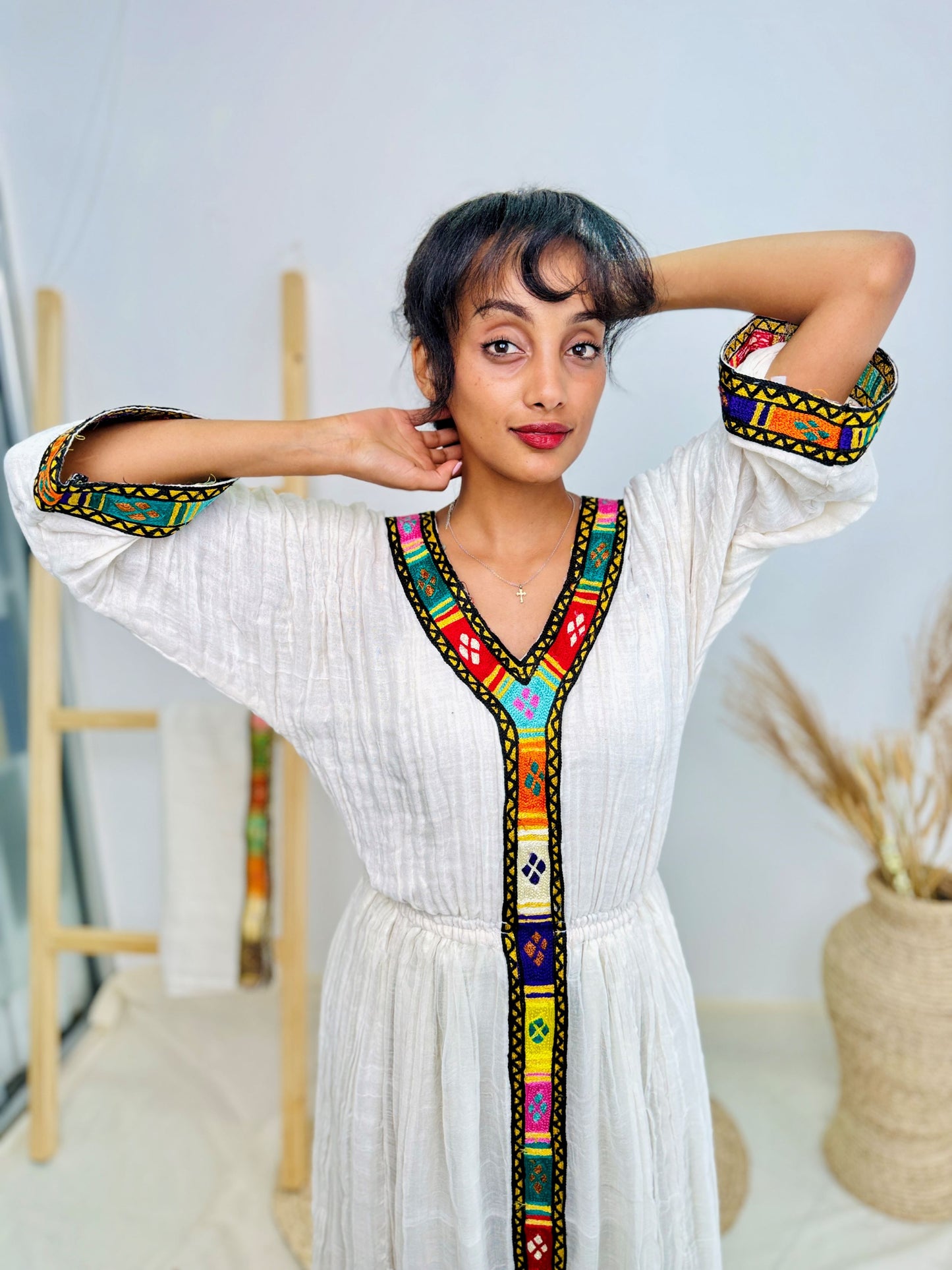 Traditional Ethiopian Habesha Dress | Handwoven Cotton | V-Neck with Bold Tibeb | Flowy Fit Hab235
