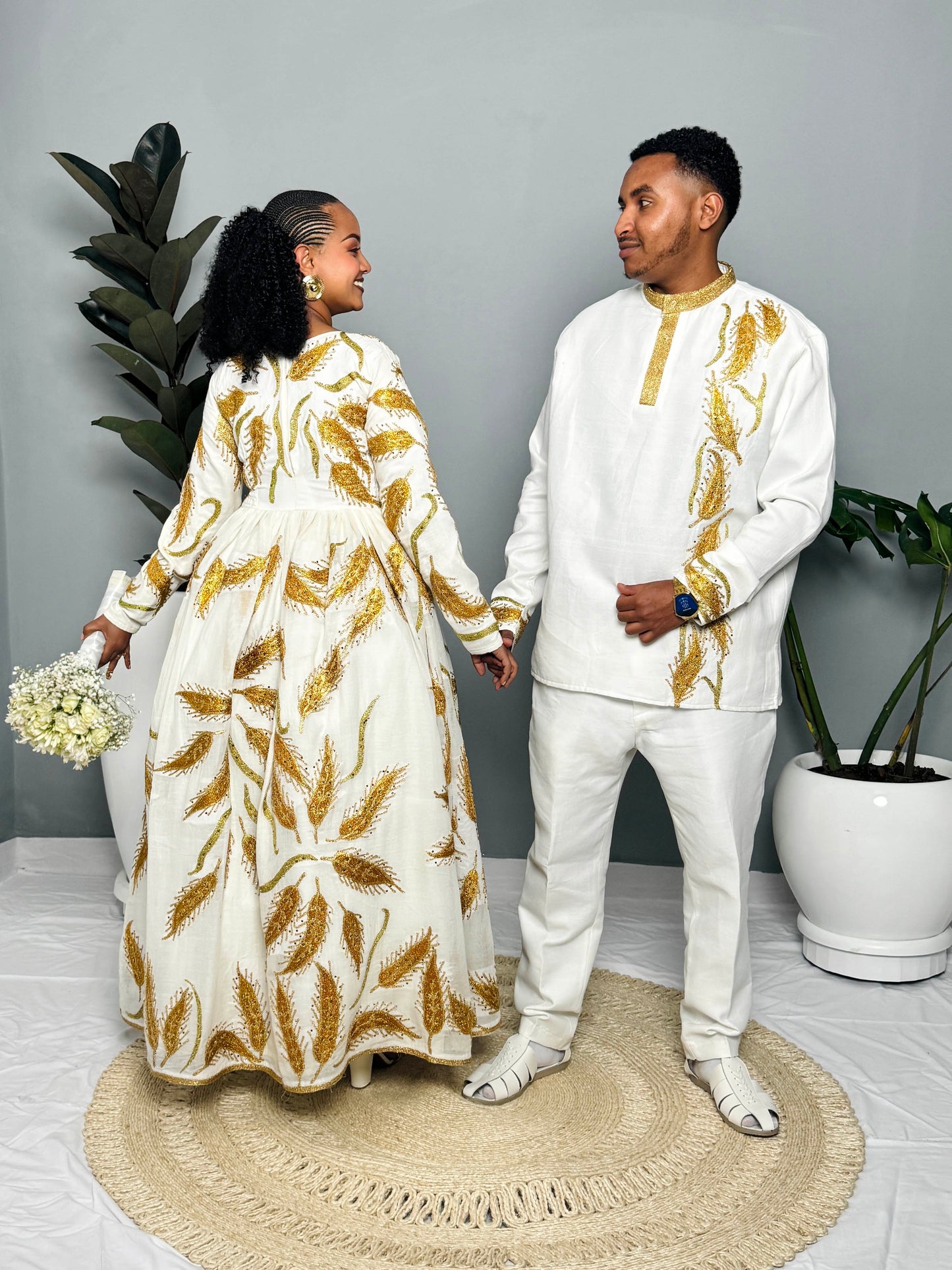 Couples' Habesha Wedding Outfits | Gold Feather Design | Habesha Wedding Dress | Handwoven Ethiopian Dress Hab80