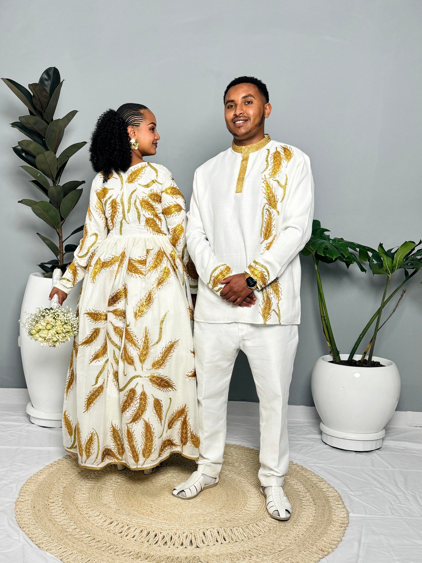 Couples' Habesha Wedding Outfits | Gold Feather Design | Habesha Wedding Dress | Handwoven Ethiopian Dress Hab80