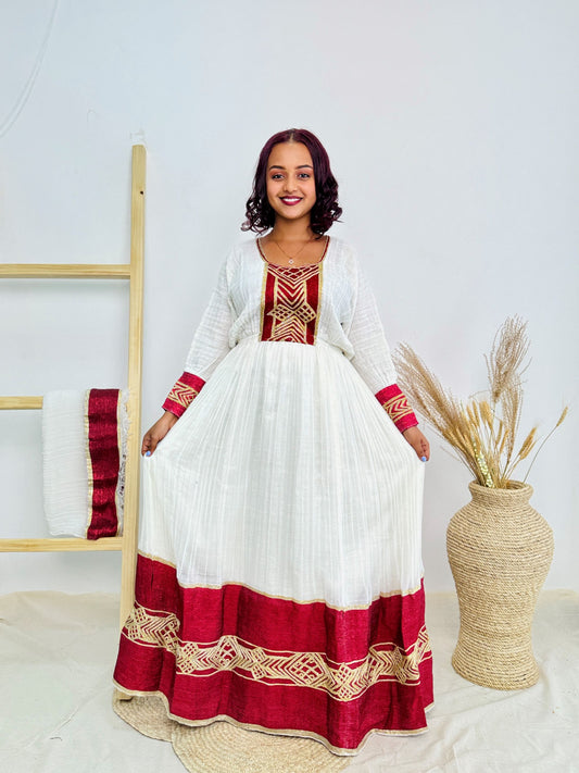 Ethiopian Habesha Kemis Dress | Traditional Handwoven Cotton Gown | Red & Gold Embroidered Attire | Cultural Handmade Dress | Hab185