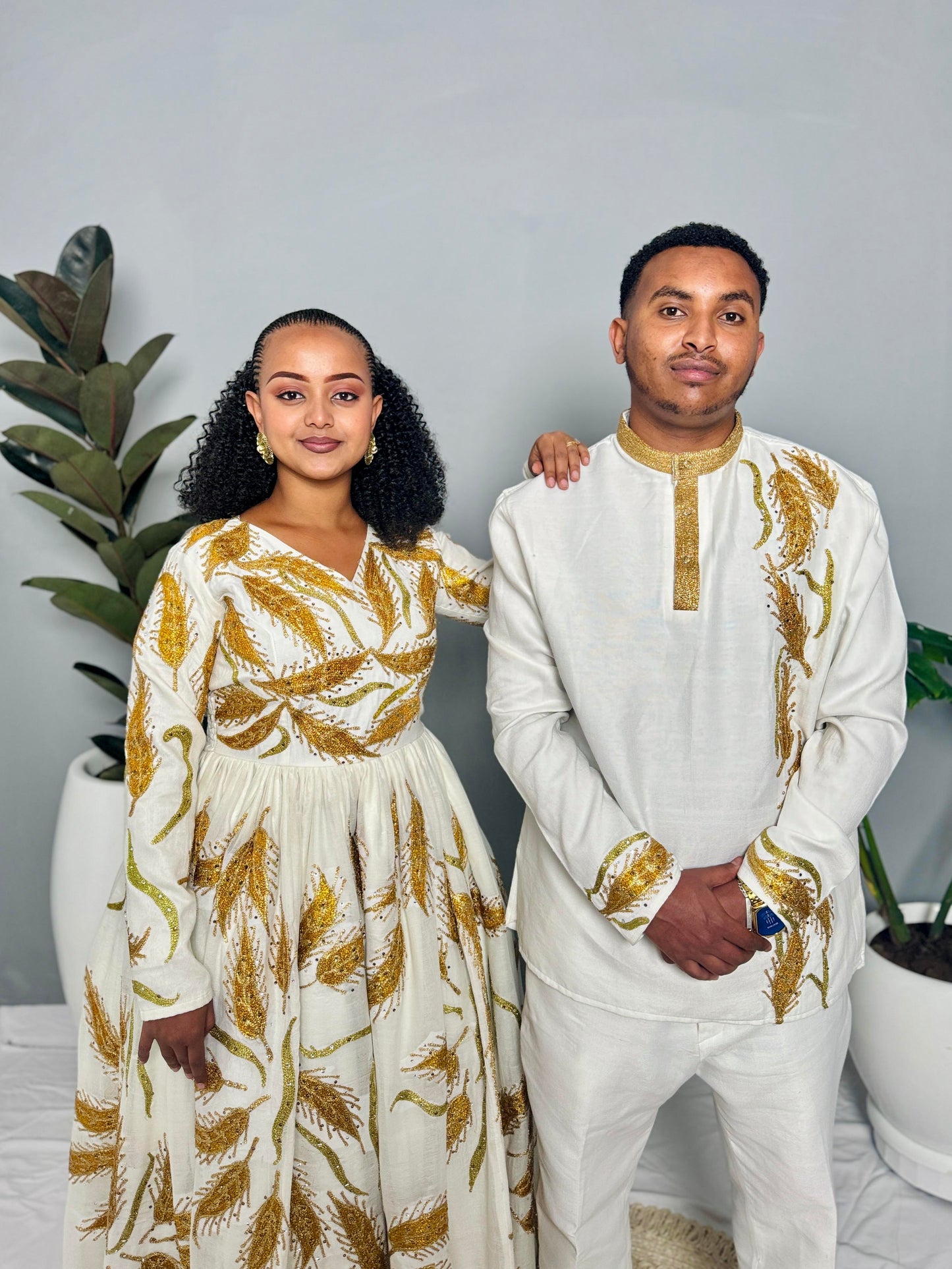 Couples' Habesha Wedding Outfits | Gold Feather Design | Habesha Wedding Dress | Handwoven Ethiopian Dress Hab80